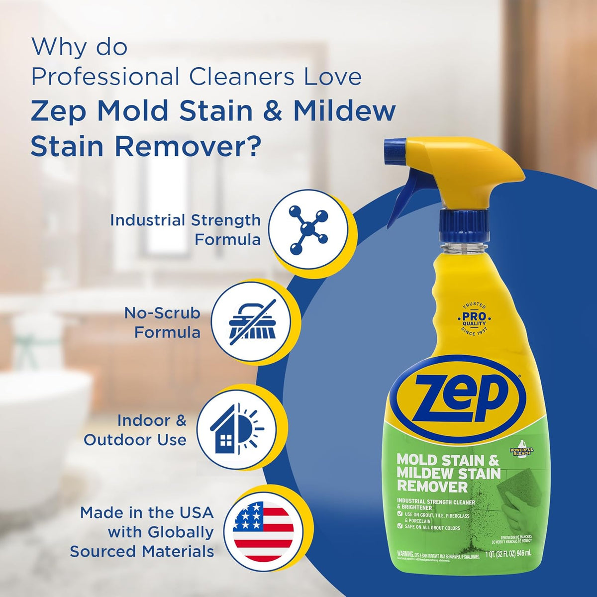 Zep Mold Stain and Mildew Stain Remover - 32 oz (Pack of 4) ZUMILDEW32 - Professional Strength No