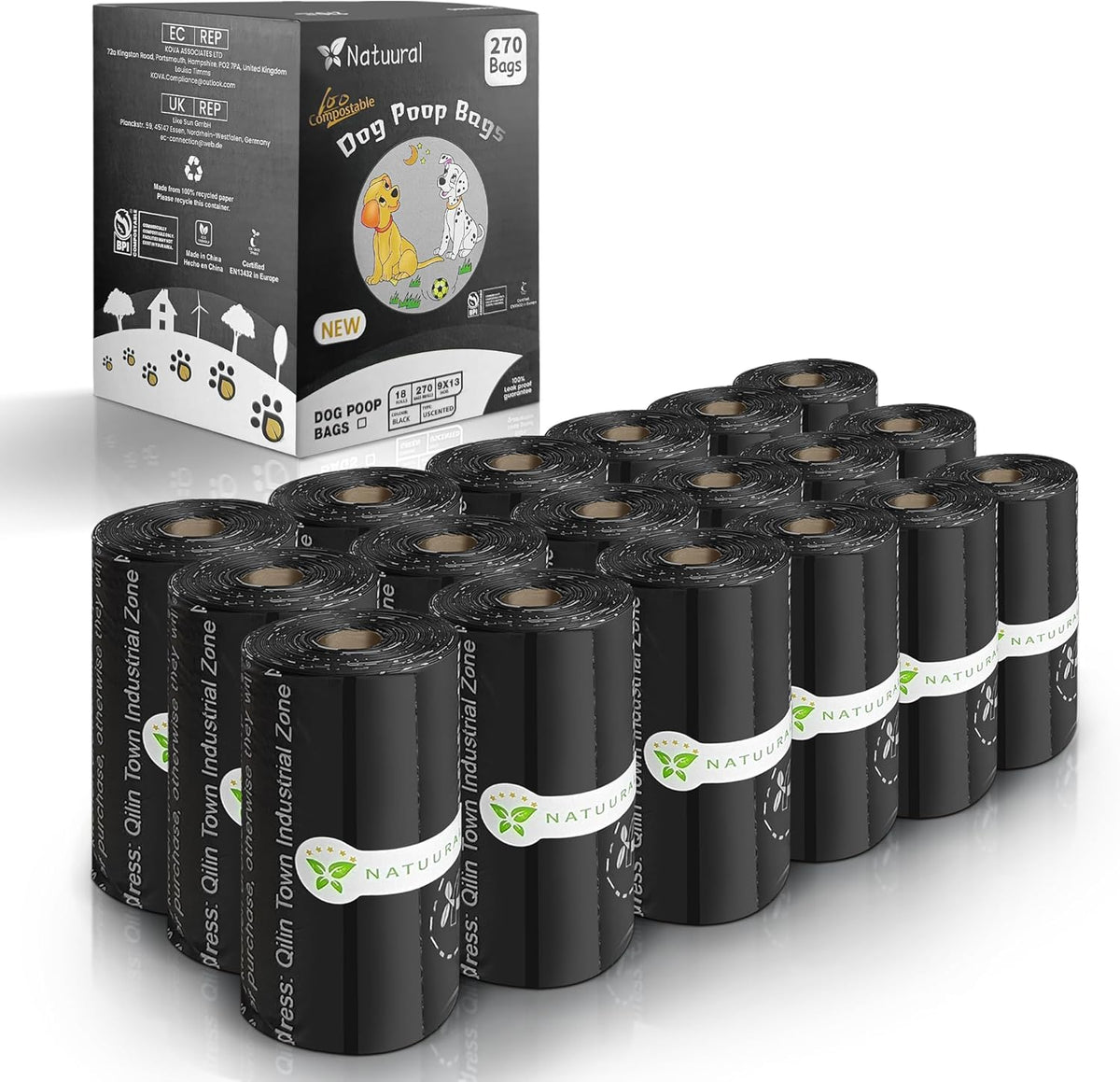 Certified Compostable Dog Poop Bags-270 Bags 18Rolls, Poop Bags for Dogs Made of Cornstarch - ASTM