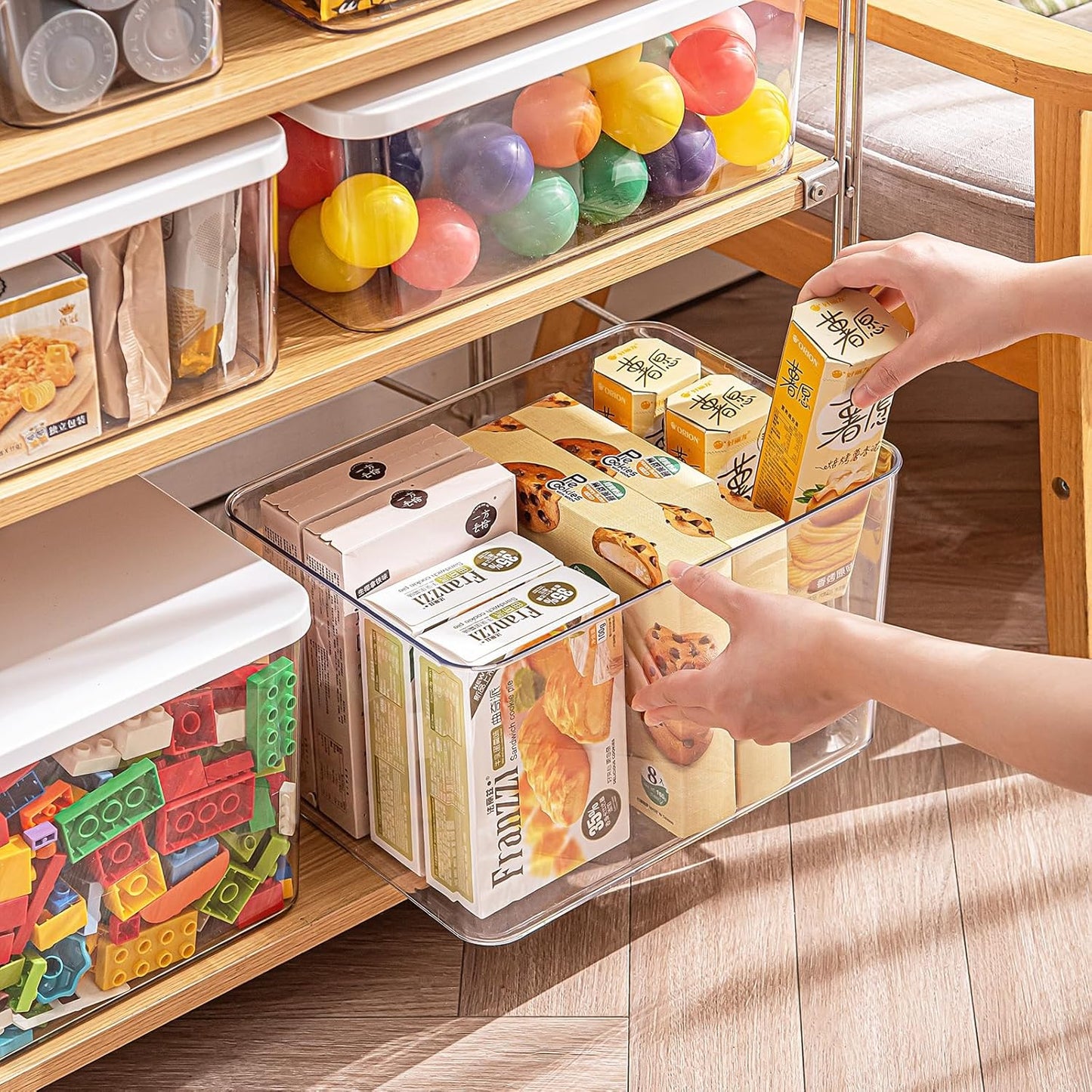 Clear plastic storage bins with LIDS-3packs,storage containers for snacks, cosmetics, books, dog