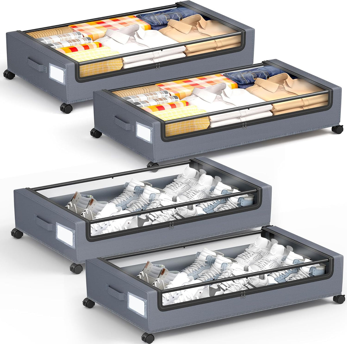 Under Bed Storage with Wheels, Square Under Bed Storage Containers, 4 Pack Under The Bed Storage