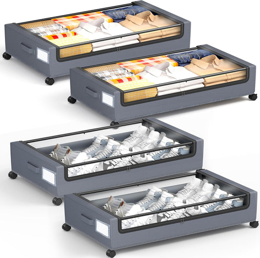 Under Bed Storage with Wheels, Square Under Bed Storage Containers, 4 Pack Under The Bed Storage