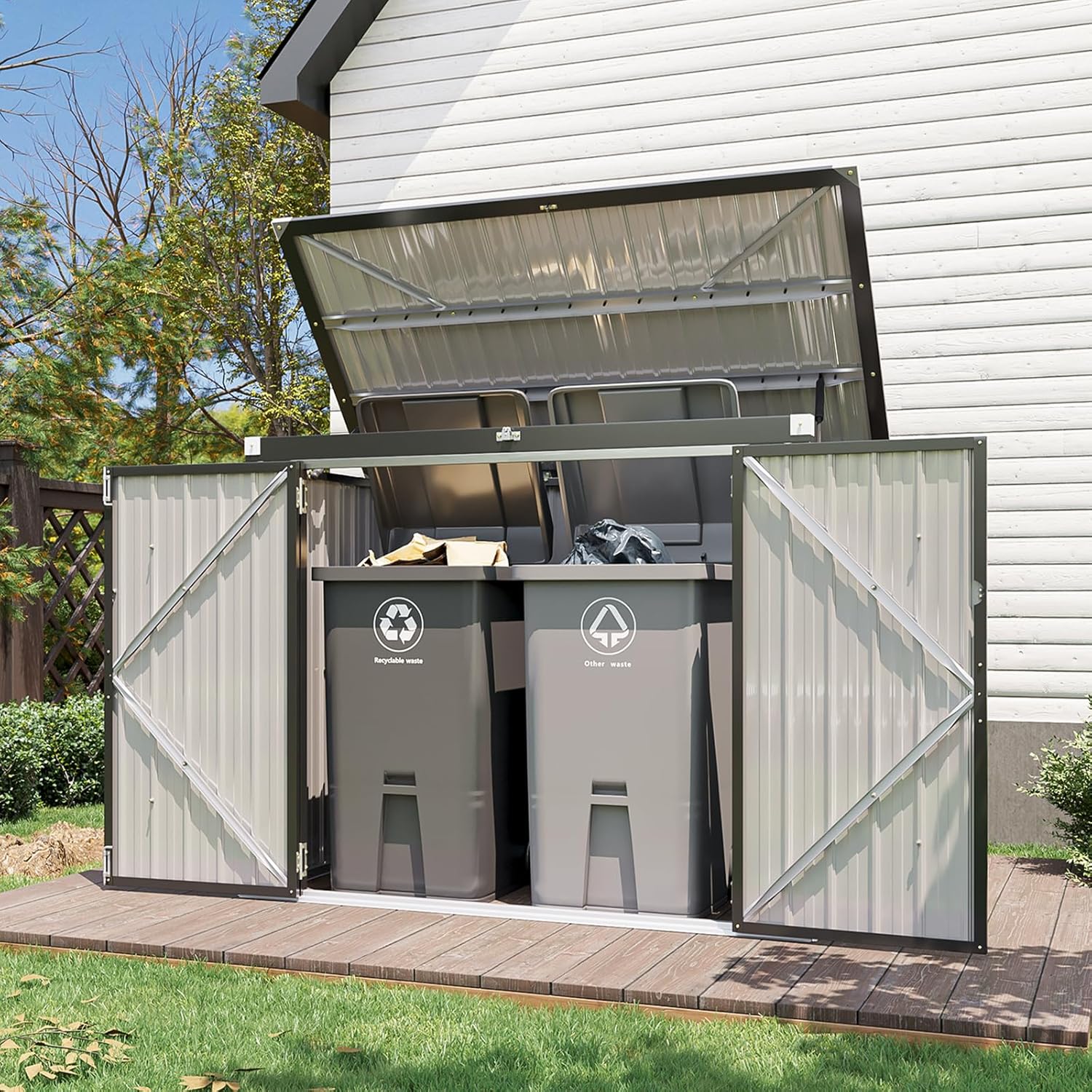 Aoxun 80 CU.FT Outdoor Storage Shed Metal Trash Can Storage with Chain Lid Waterproof Outdoor
