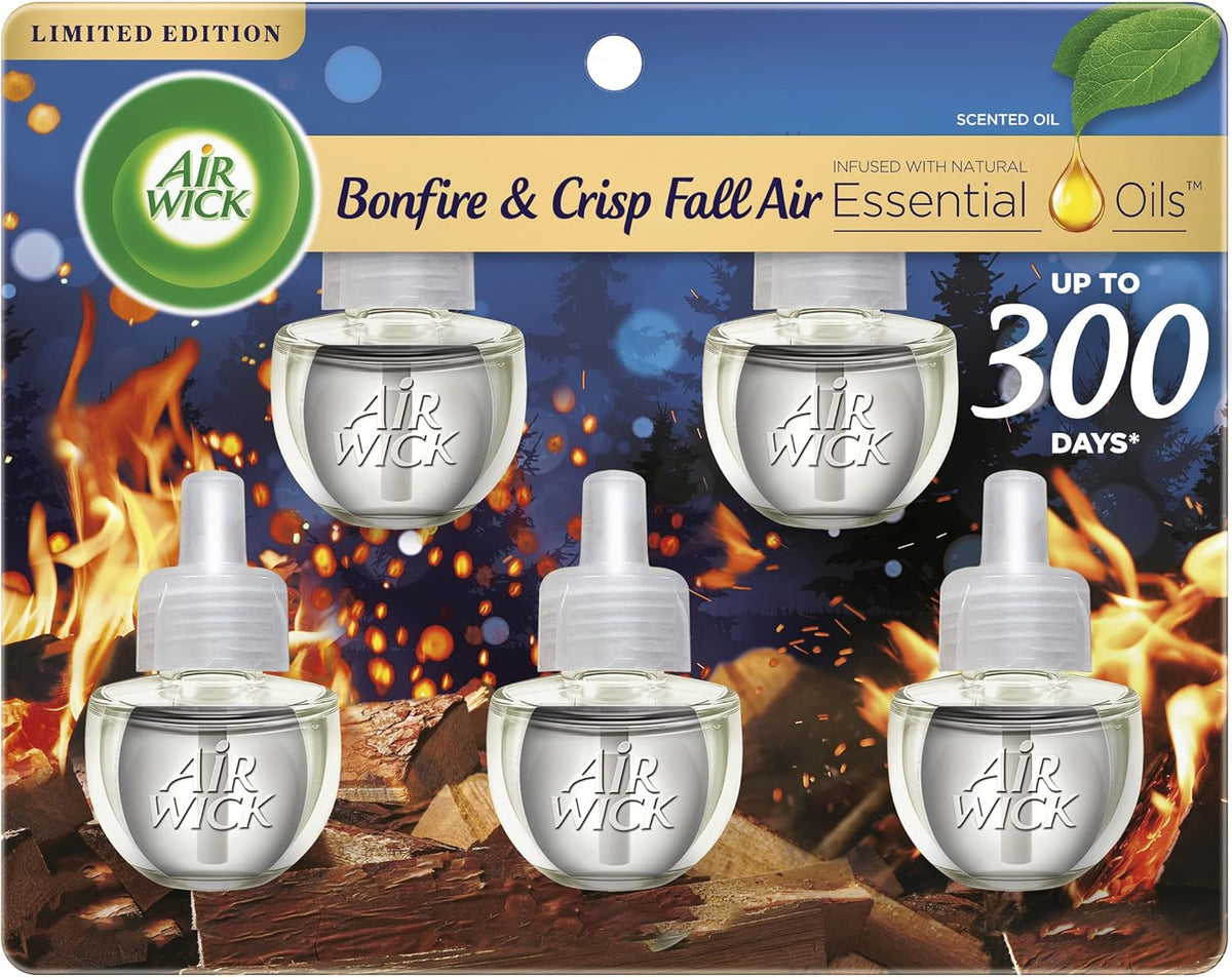 Air Wick Plug in Scented Oil Refill, 5ct, Bonfire and Crisp Fall Air, Essential Oils, Air Freshener