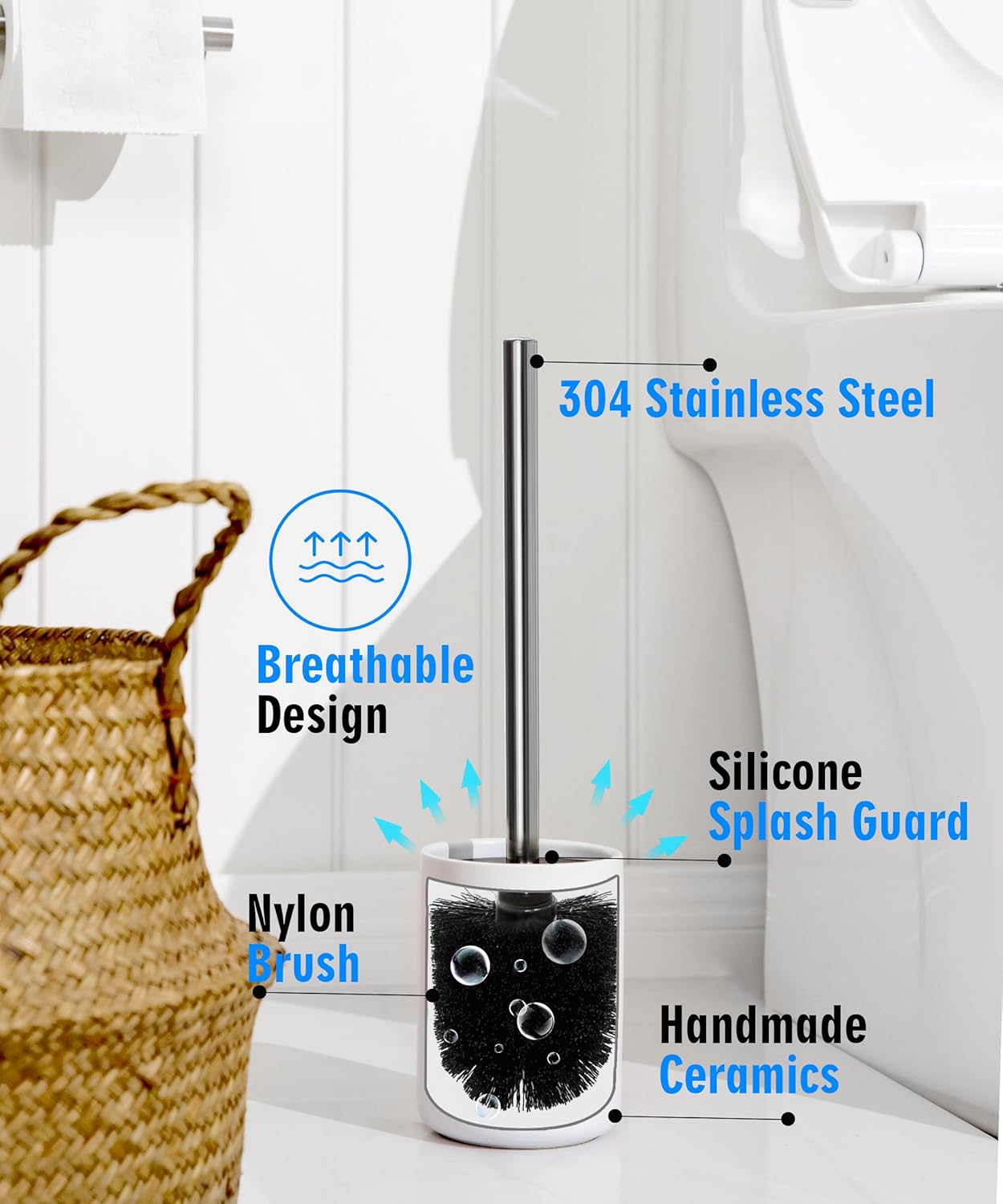 Ceramic Toilet Brush & Holder Set - Freestanding Deep-Cleaning Toilet Bowl Cleaner Brush, Stainless