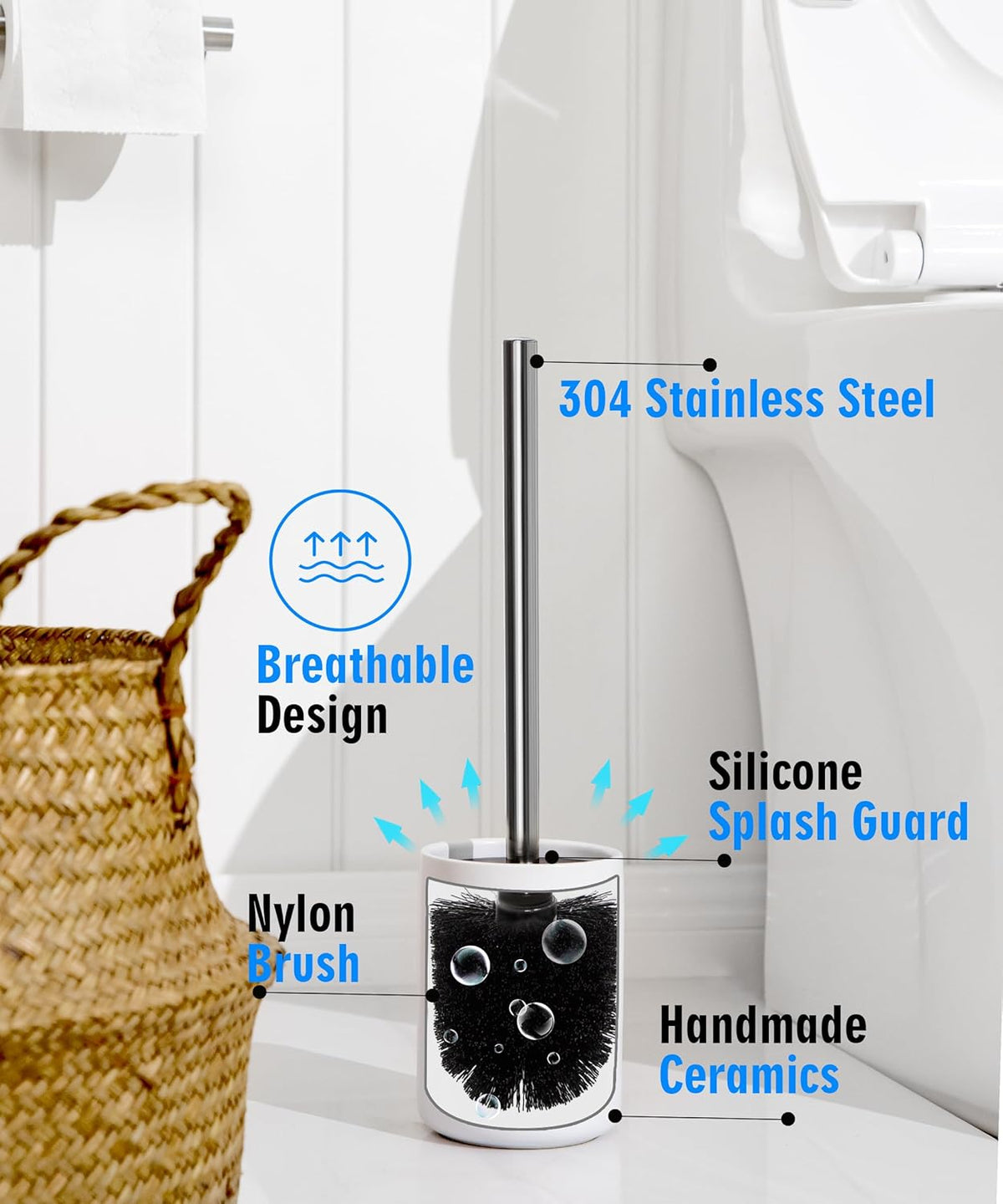Ceramic Toilet Brush & Holder Set - Freestanding Deep-Cleaning Toilet Bowl Cleaner Brush, Stainless