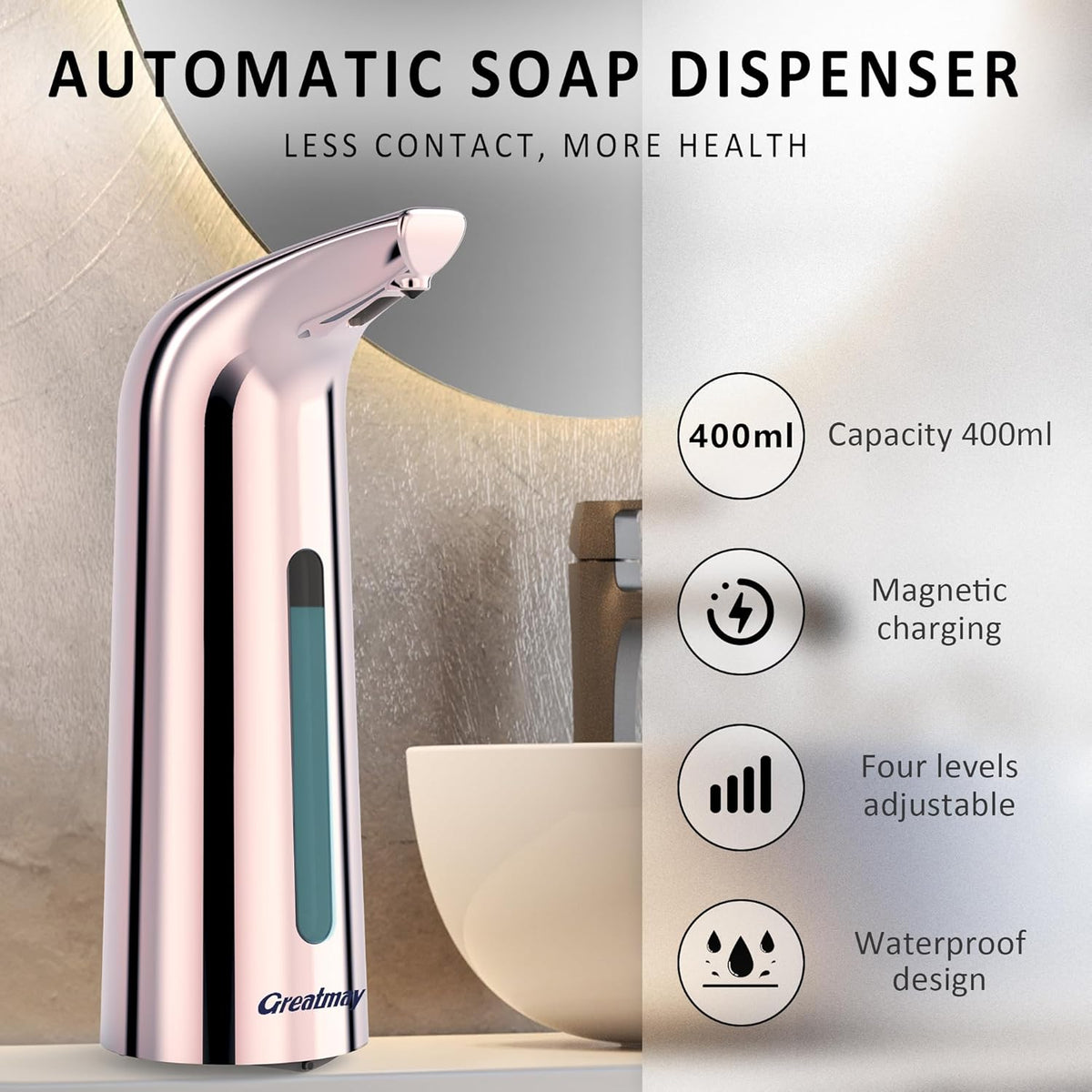Convenient Automatic Soap Dispenser,4 Adjustable Levels Touchless Hand Sanitizer Pump with Infrared