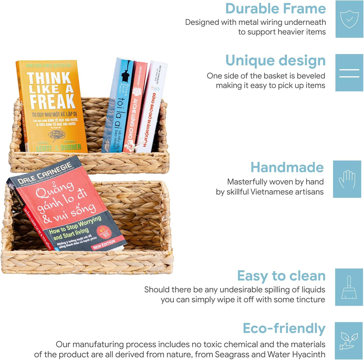 VATIMA Water Hyacinth Storage Baskets for Organizing, Medium Open-Front Wicker Basket for Kitchen