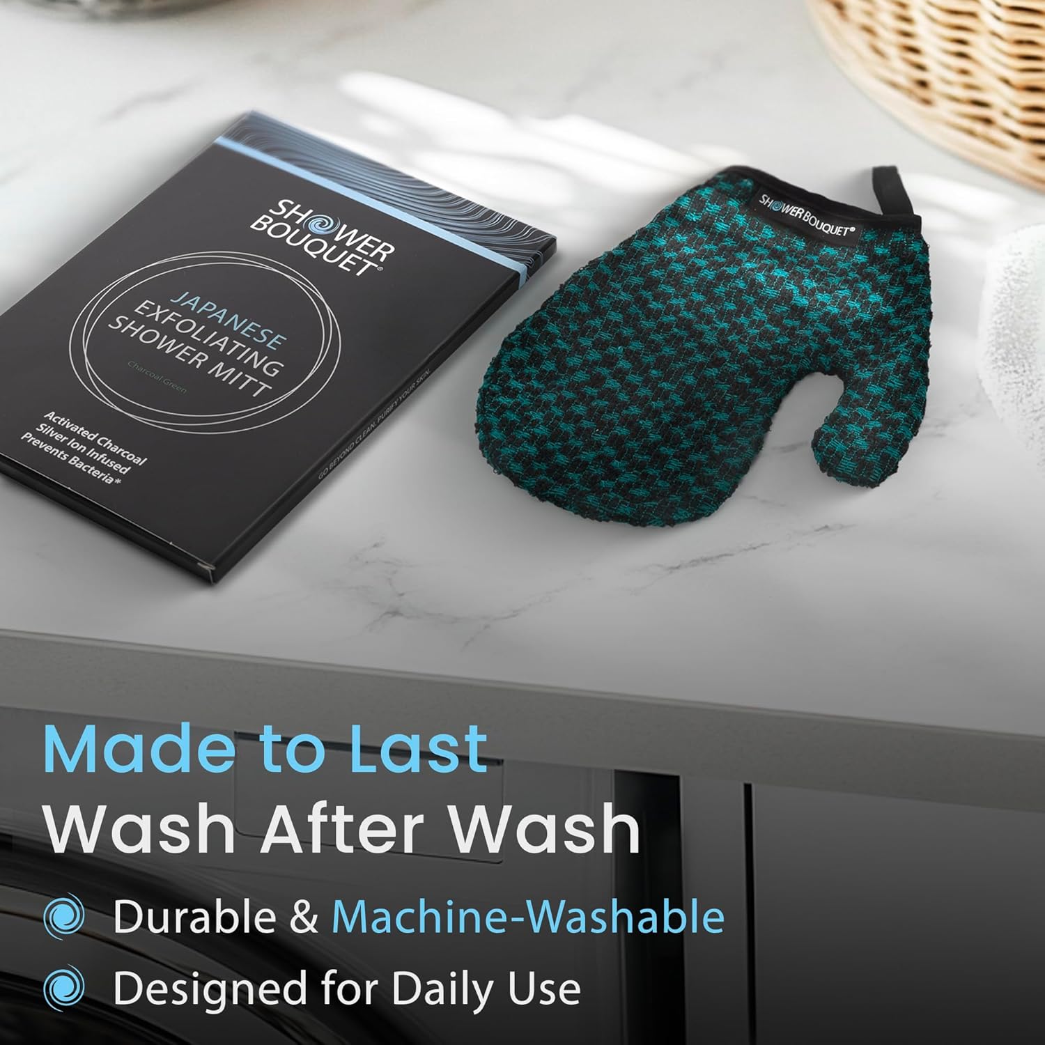 Japanese Exfoliating Mitt for Shower [Green] - Charcoal & Silver Ion Exfoliating Glove - Gentle