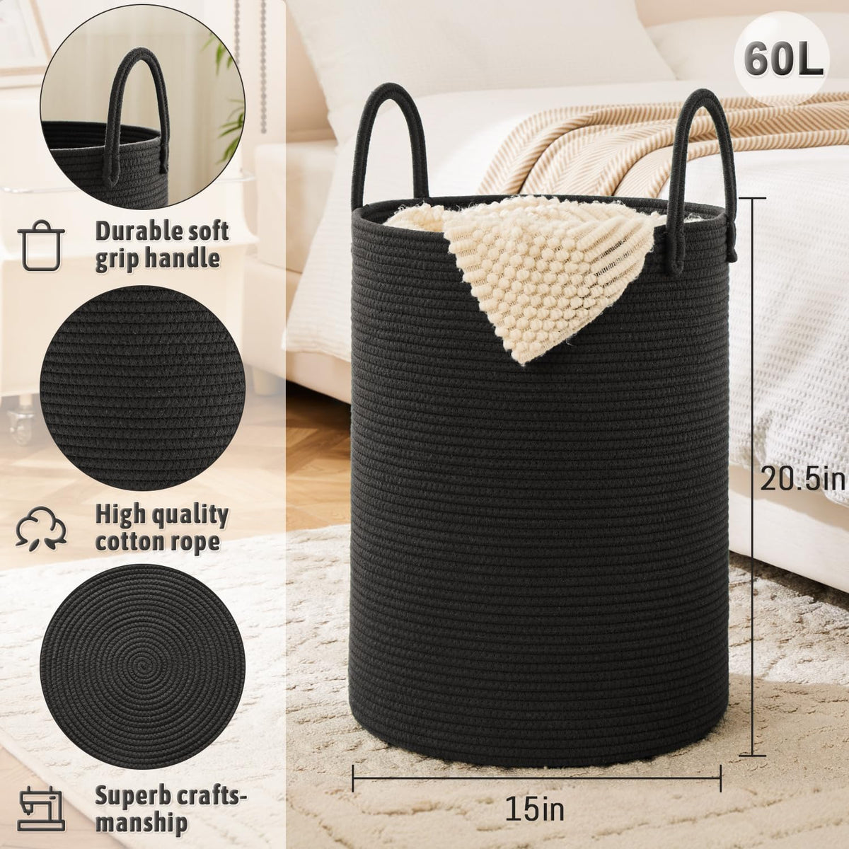 Laundry Basket,Woven Cotton Rope Laundry Hamper,60L for Decorative Storage of Dirty Clothes,Toys