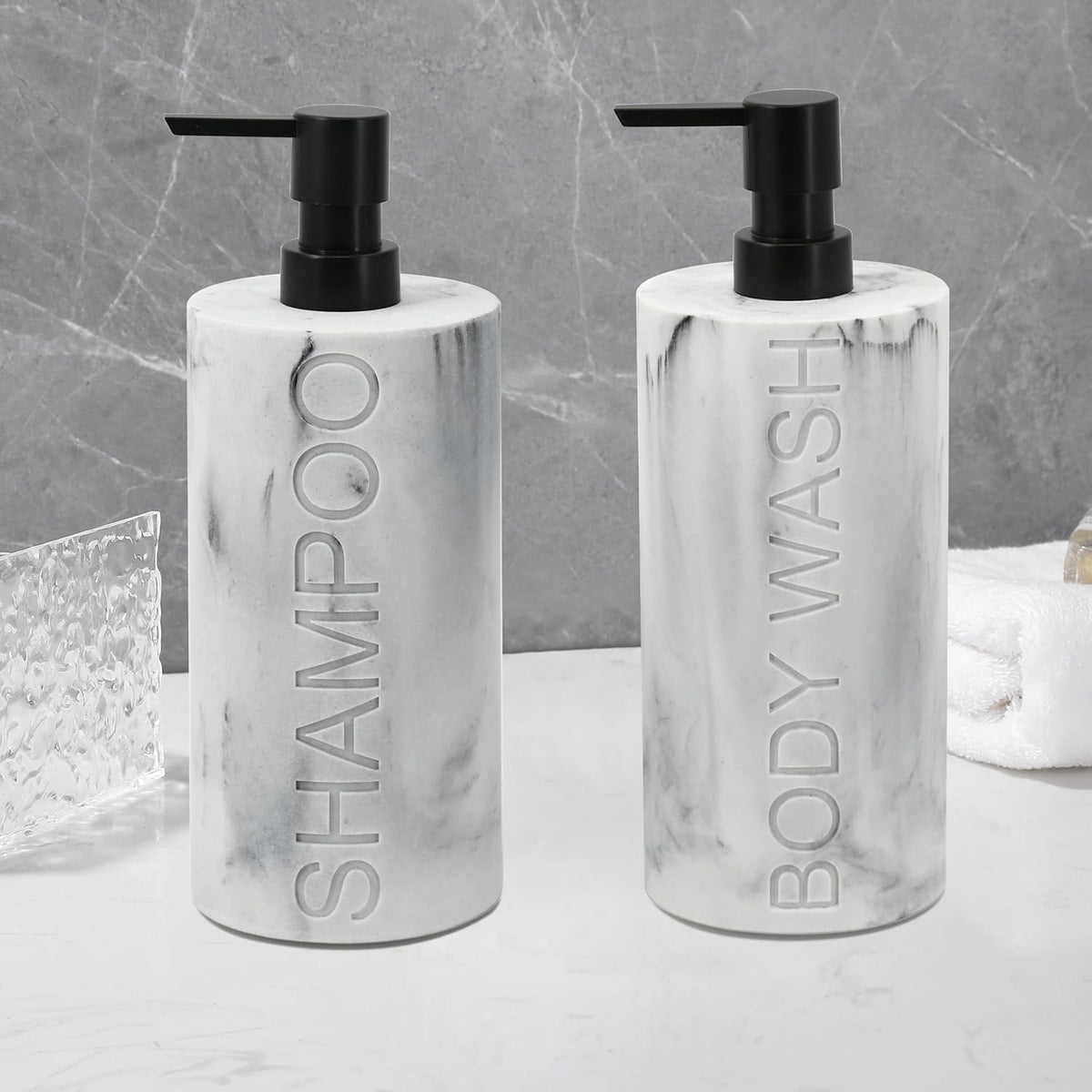 Marble Resin 2 Piece Shampoo and Body Wash Dispenser Set, Luxurious Refillable Pump Bottles with