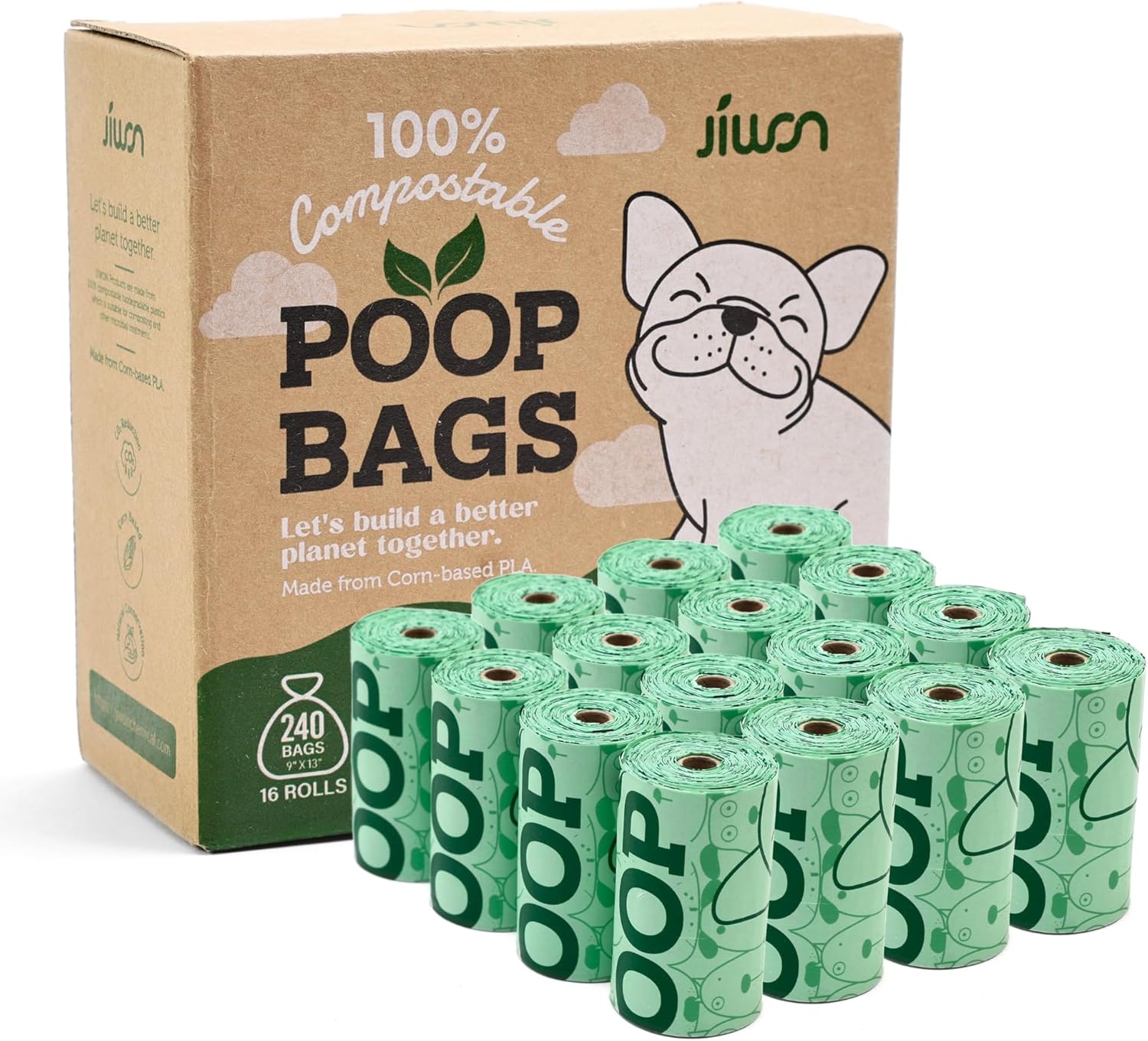 JIWON 100% Certified Home Compostable Dog Poop Bags, 240 Count (16 Rolls), 9"x13", OK Compost &
