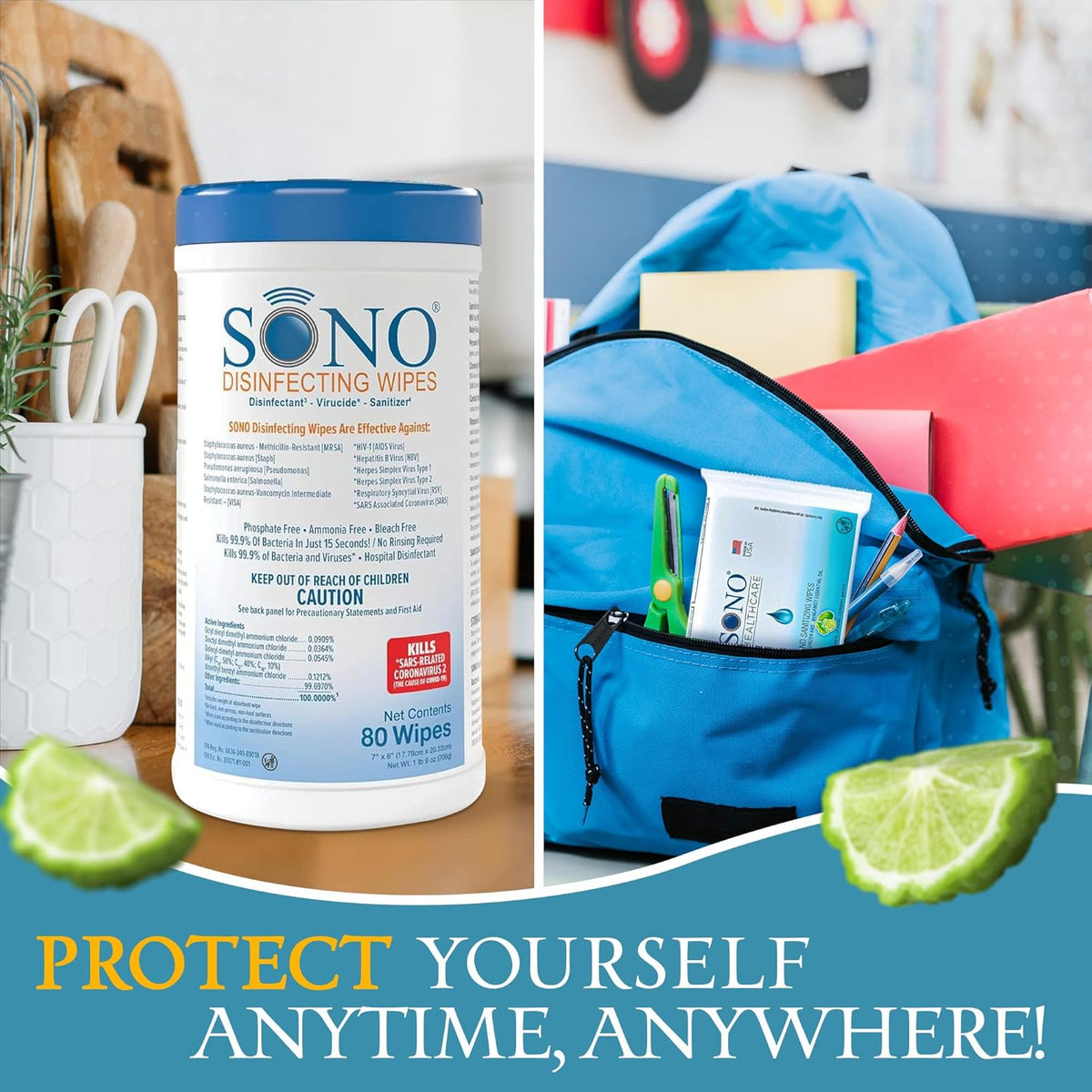 SONO Disinfecting Wipes - 160 Count (Pack of 2) + Sanitizer, Alcohol-Free, No Bleach