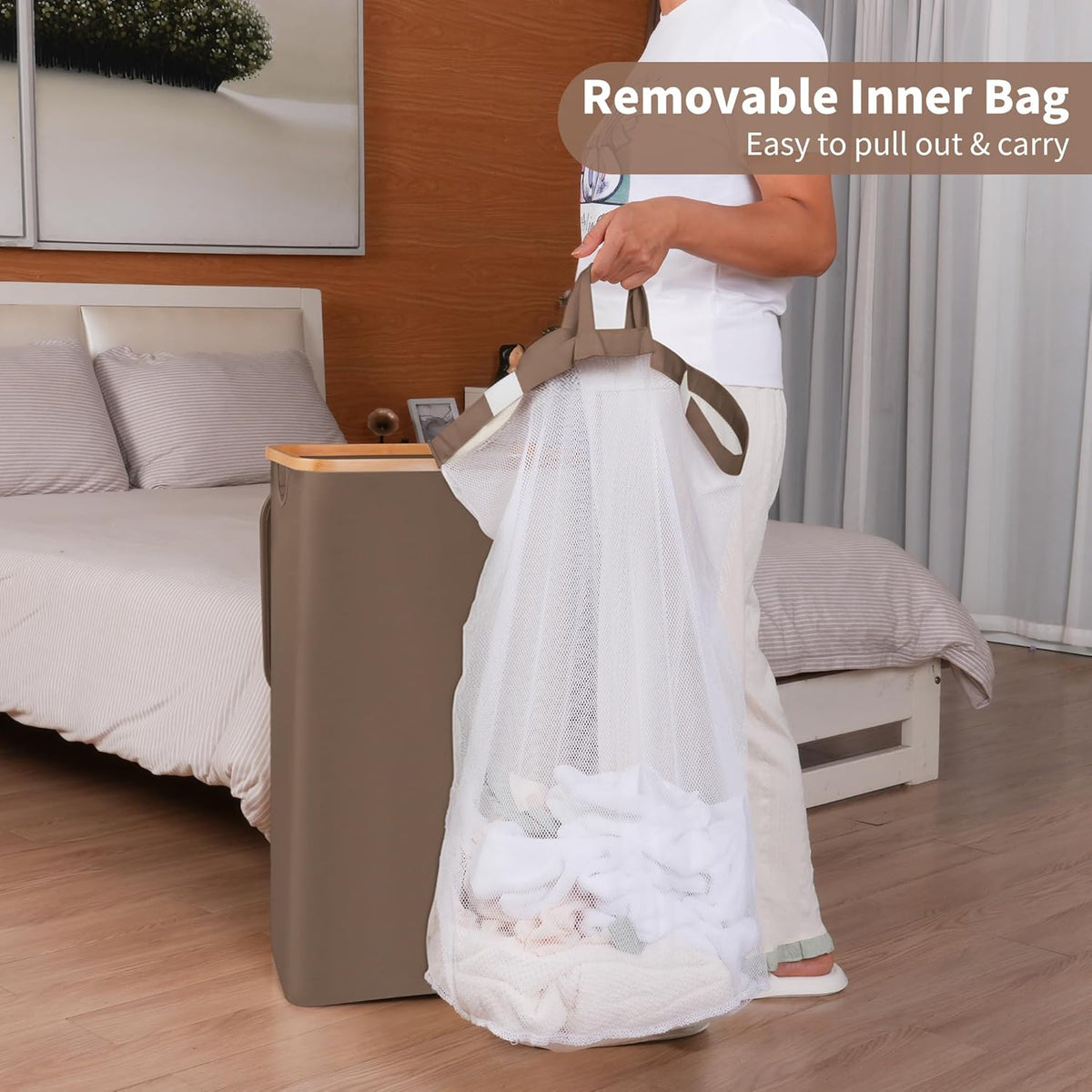 26 Gal Laundry Basket with Lid and Net Bag, Tall Laundry Hamper with Bamboo Handles, Aesthetic