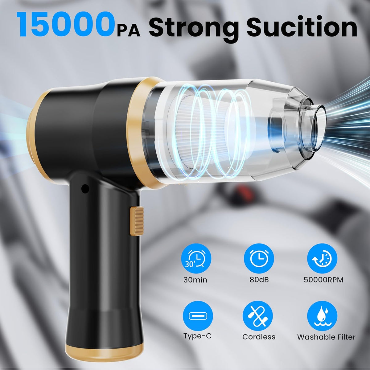Mini Car Vacuum 15000Pa Portable Cordless Handheld Vacuum Cleaner and Air Duster with 2 Filter for