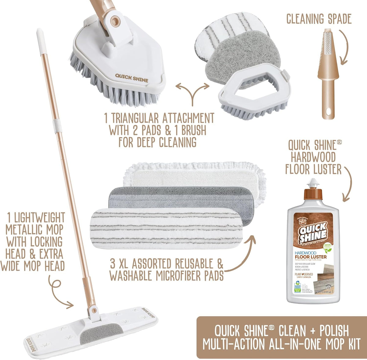 Quick Shine Ultimate Gold Clean + Polish Mop Kit | All-in-One 10 Pc Kit w/Interchangeable