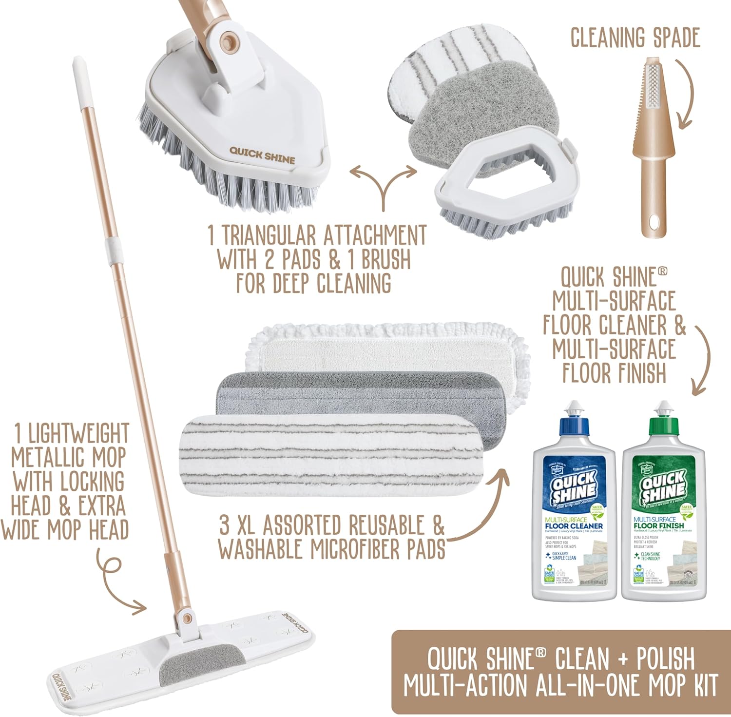 Quick Shine Ultimate Gold Clean + Polish Mop Kit | All-in-One 11 Pc Kit w/Interchangeable