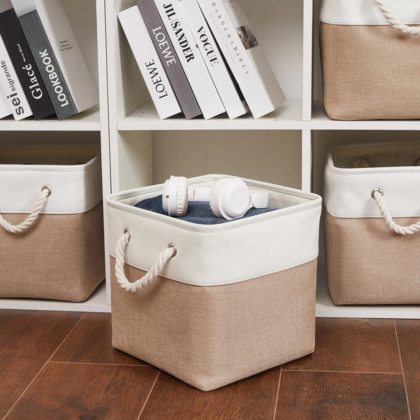 11 x 11 Inch Storage Cubes, 6 Pack Large Collapsible Fabric Storage Bin with Ropes, Foldable