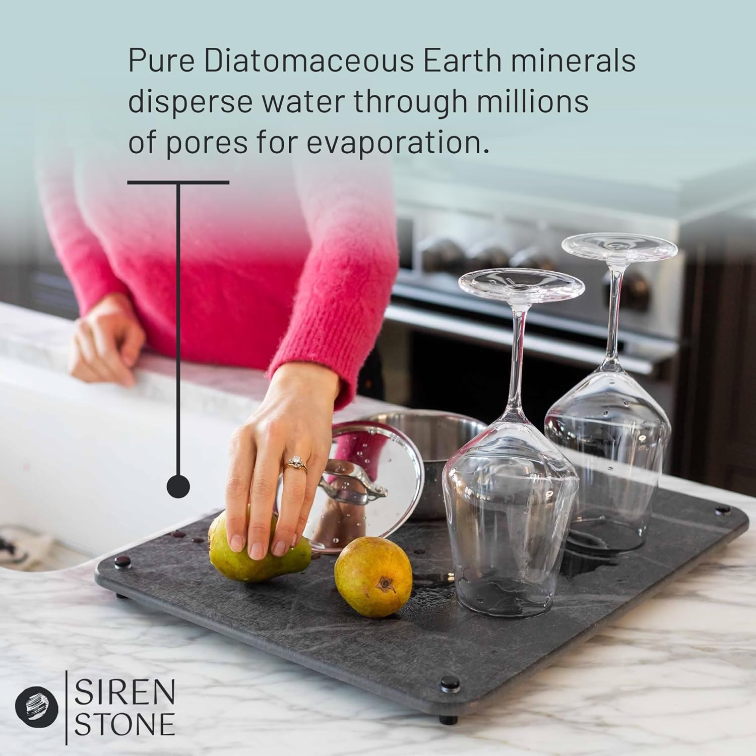 LARGE Siren Stone Natural Dish Drying Mat for Kitchen Counter - Premium Diatomaceous Earth Mat |
