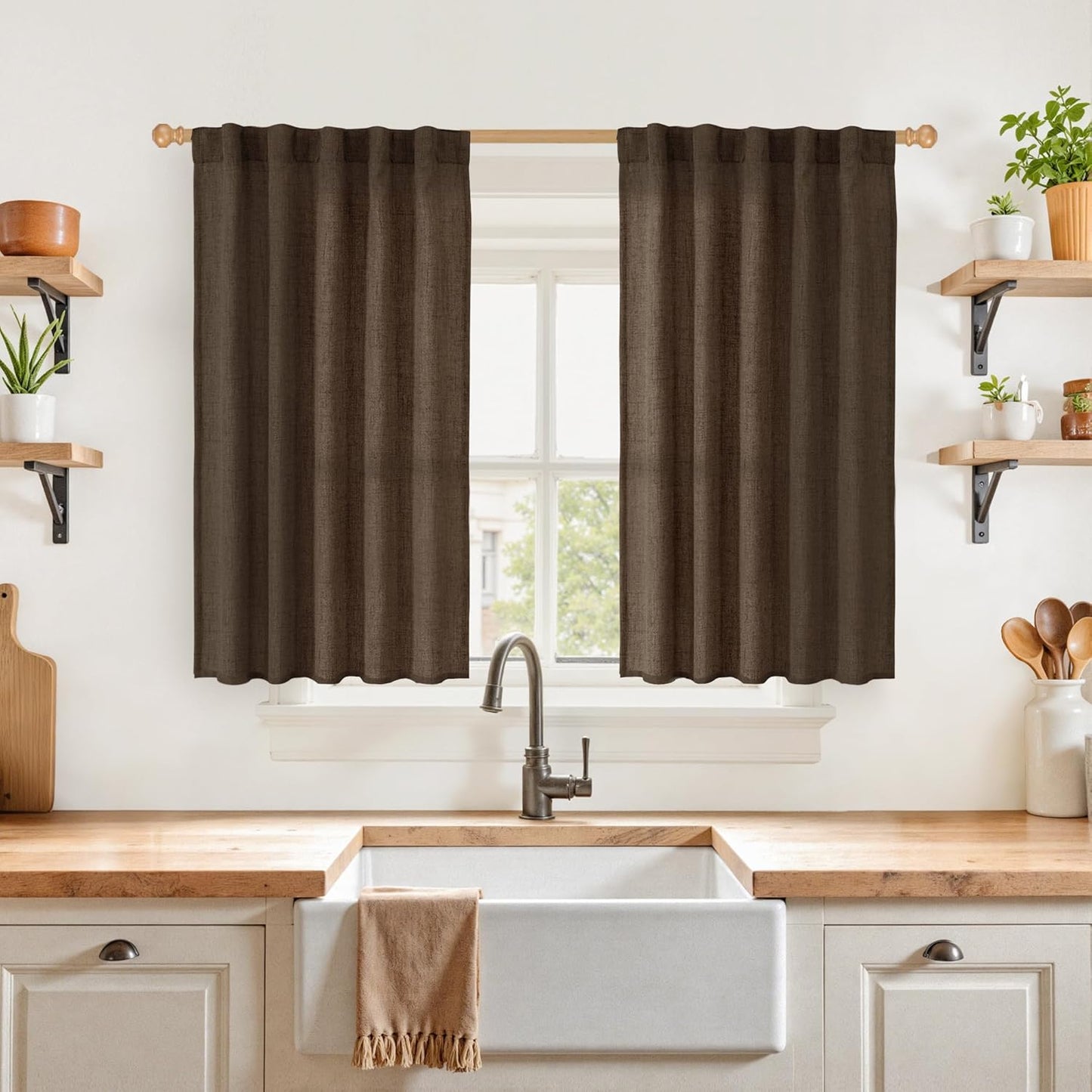 YoungsTex Brown Linen Kitchen Curtains 40 Inches Long for Windows Over Sink, Short Drapes with Back