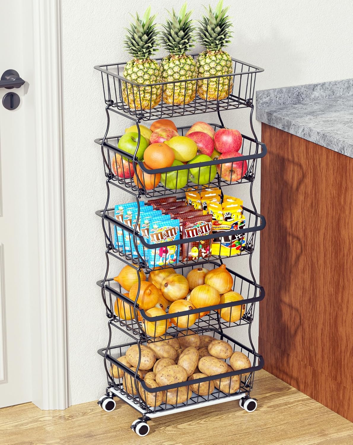 5 Tier Fruit Basket for Kitchen, Stackable Bins Wire Rack with Wheels, Fruit and Vegetable Storage