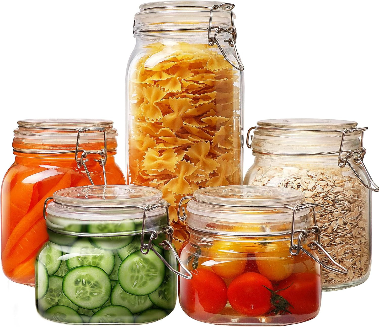 Multi Size - 5 Pack Square Glass Jars with Airtight Lid, Wide Mouth Mason Jars with Clamp Lids, Air