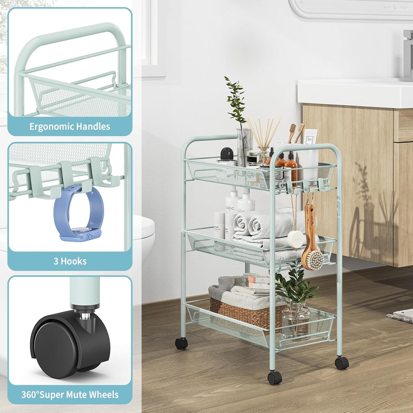 TOOLF 3-Tier Metal Rolling Cart, Mesh Wire Easy Assemble Utility Cart, Storage Trolley on Wheels