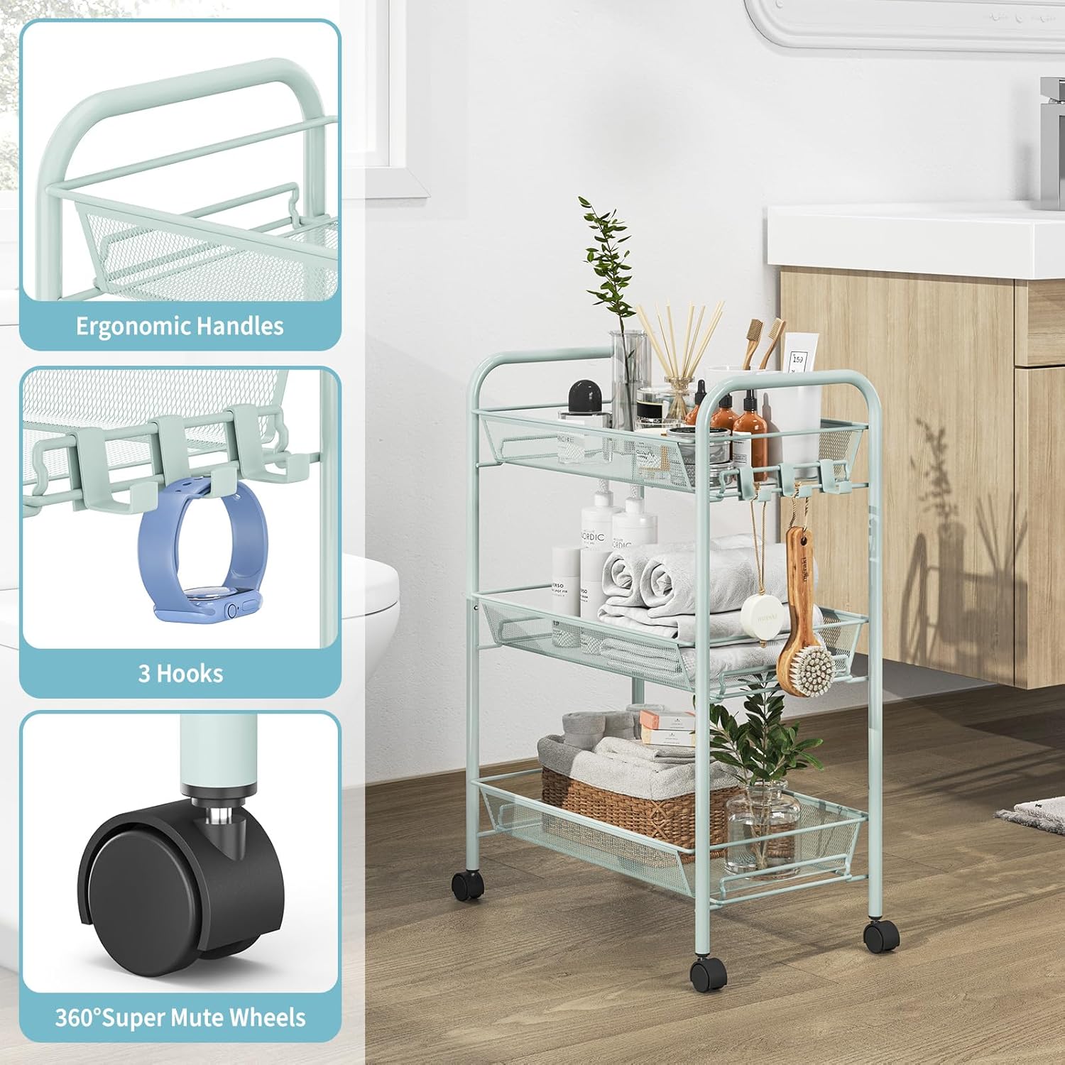 TOOLF 3-Tier Metal Rolling Cart, Mesh Wire Easy Assemble Utility Cart, Storage Trolley on Wheels