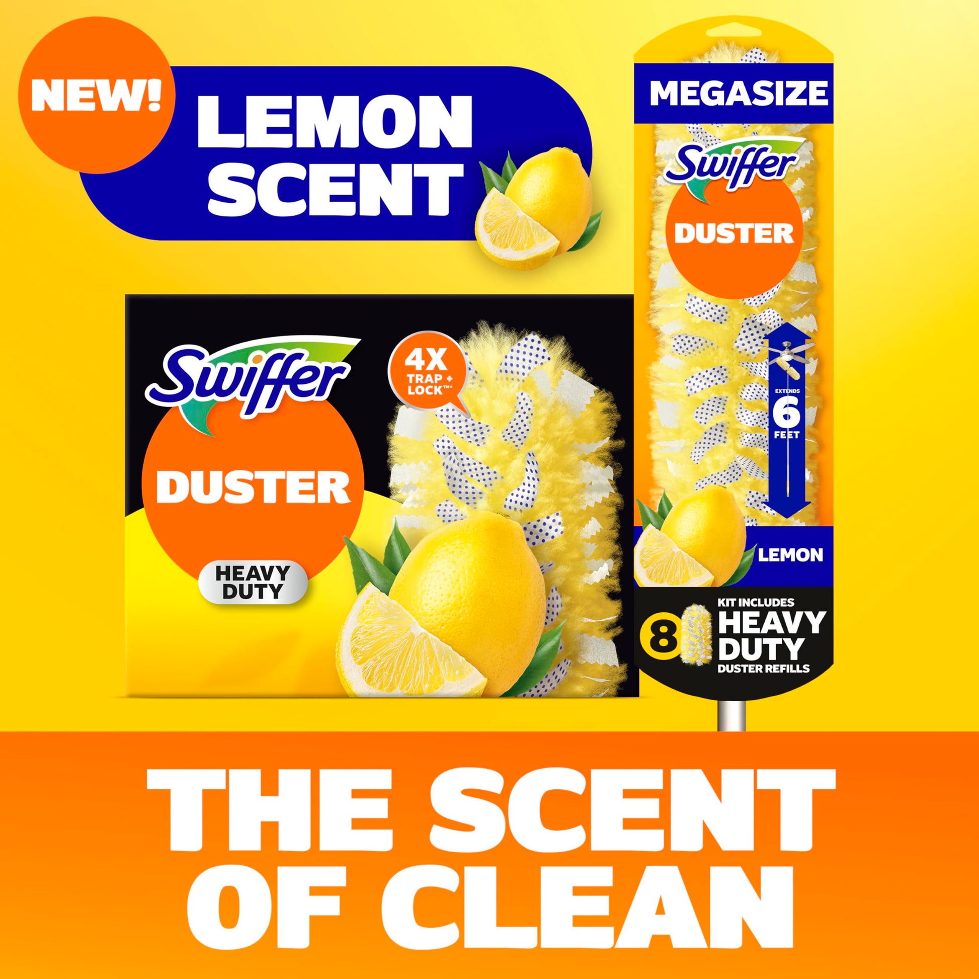 Swiffer Duster Kit with 6 ft Super Extendable Handle, Heavy Duty Starter Kit with 8 Refills, Lemon