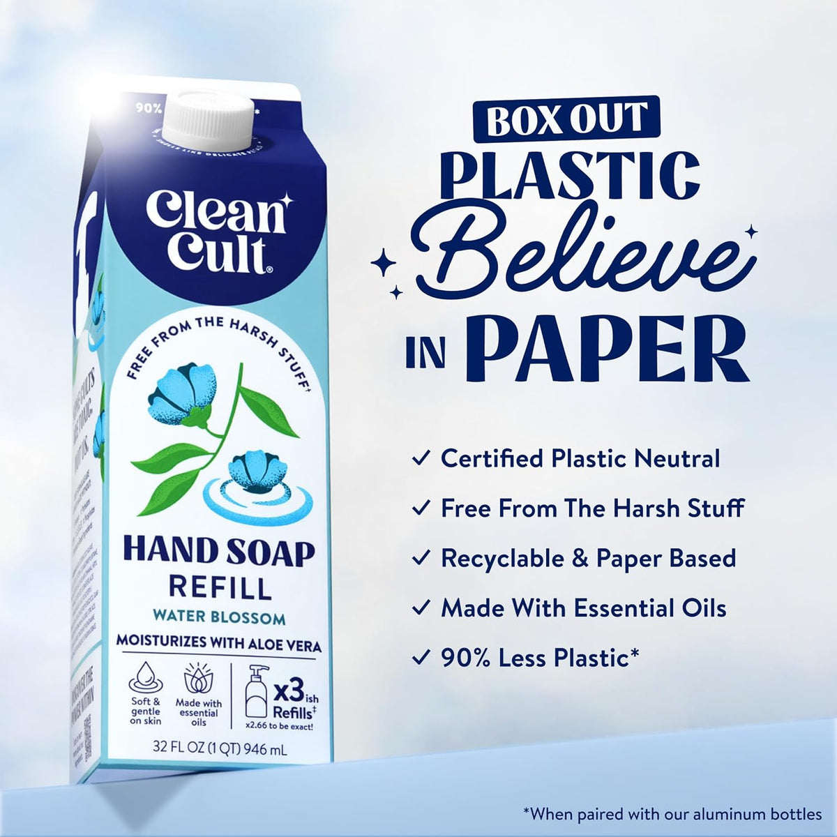 Cleancult Liquid Hand Soap Refill - Water Blossom - Moisturizes Dry & Sensitive Skin - Made with