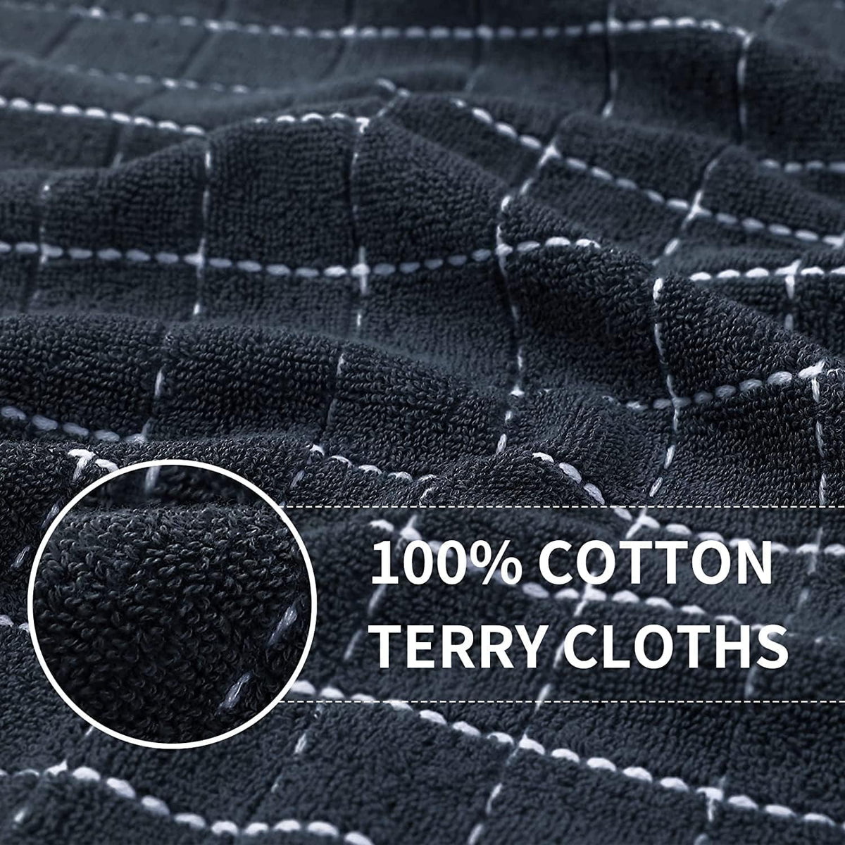 Homaxy 100% Cotton Terry Kitchen Towels(Dark Grey, 13 x 28 inches), Checkered Designed, Soft and