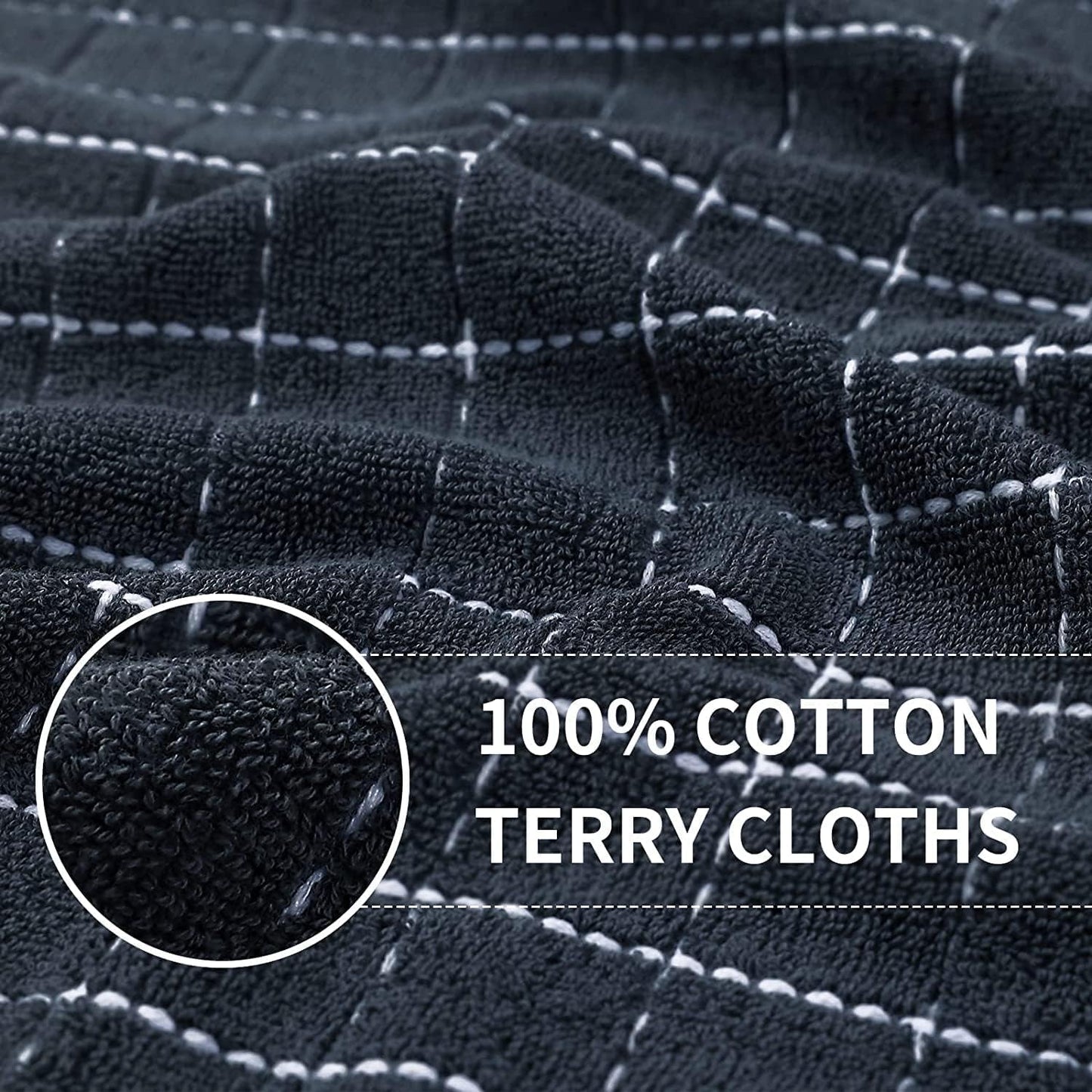 Homaxy 100% Cotton Terry Kitchen Towels(Dark Grey, 13 x 28 inches), Checkered Designed, Soft and