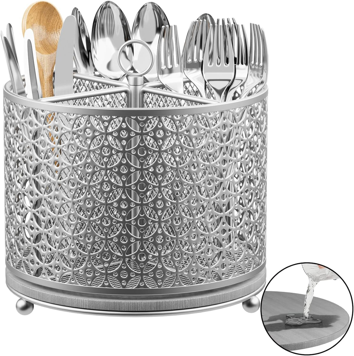 Rotating Utensil Holder for Kitchen - Silverware Caddy Fast-Drying Flatware Organizer 4 Compartment