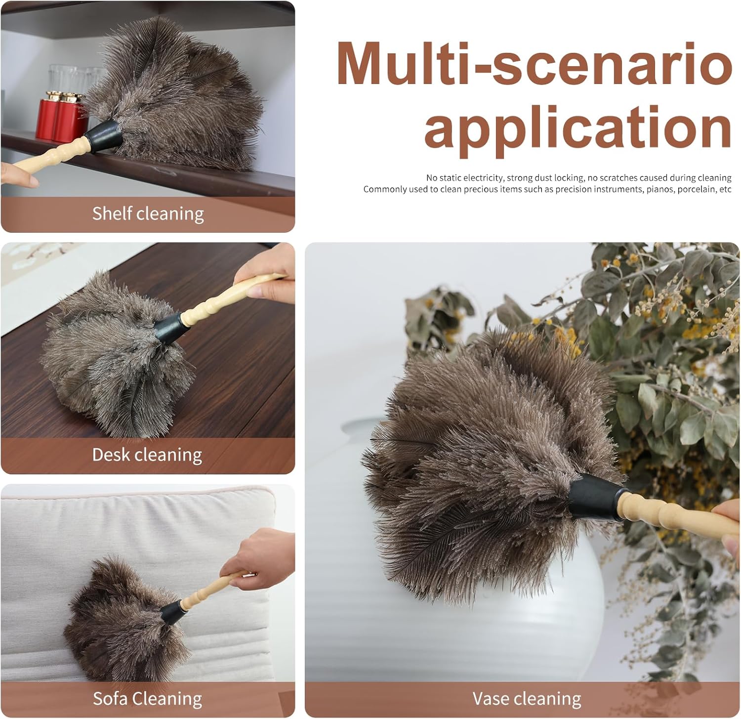 Ostrich Feather Duster 14" Natural Handheld Reusable Feathers Dusters with Wooden Handle for