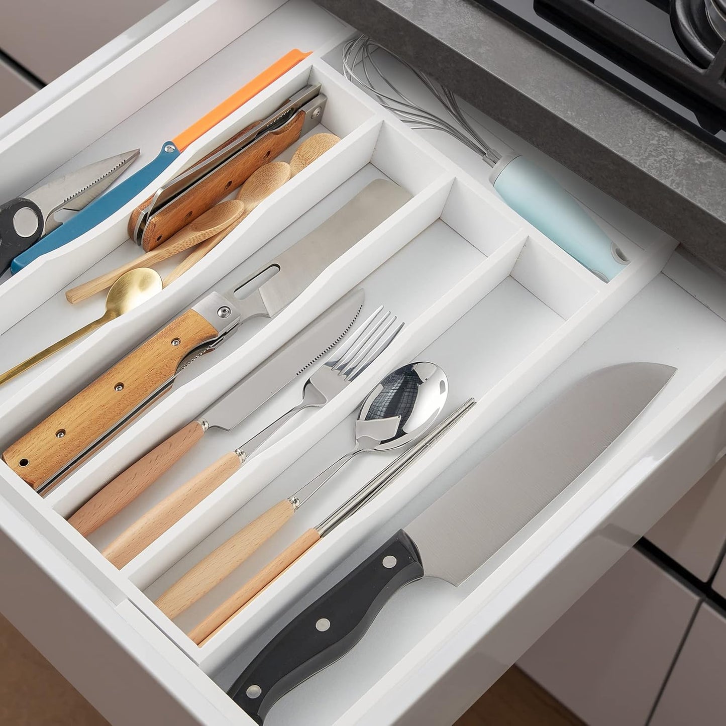 Expandable Bamboo Kitchen Drawer Organizer for Cutlery and Utensils, Adjustable Bamboo Wood Cutlery