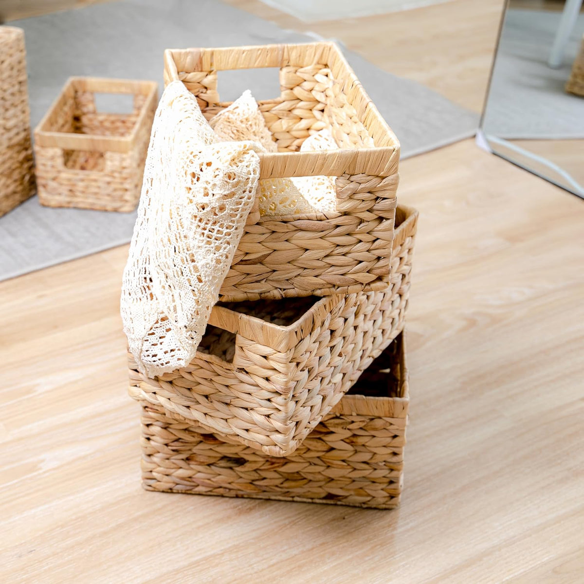 Set of 6 Wicker Storage Basket, Water Hyacinth Storage Baskets, Wicker Storage Baskets for Shelves