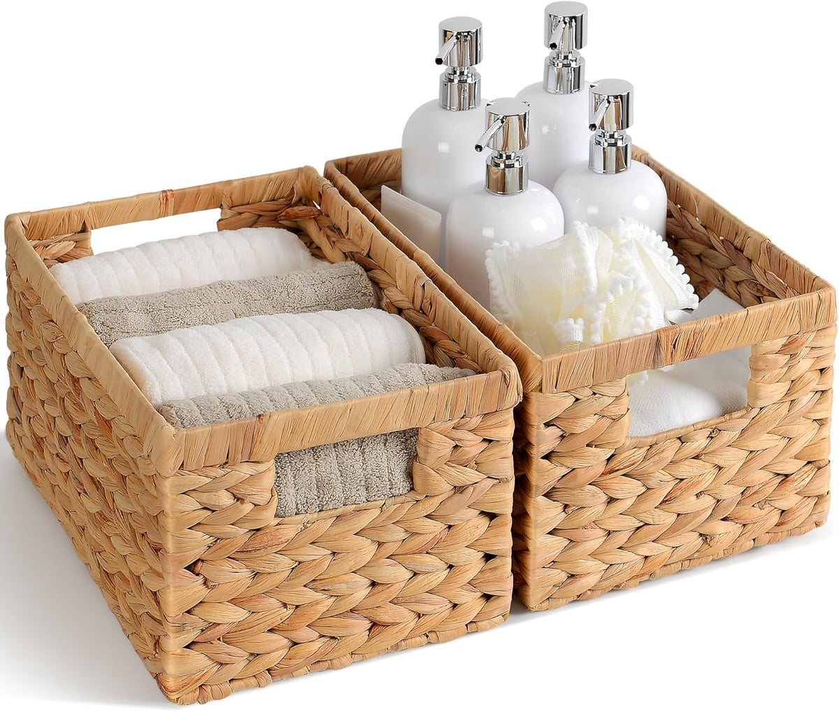 Set of 2 Wicker Shelf Storage Baskets for Organizing - Natural Durable Water Hyacinth Woven Basket