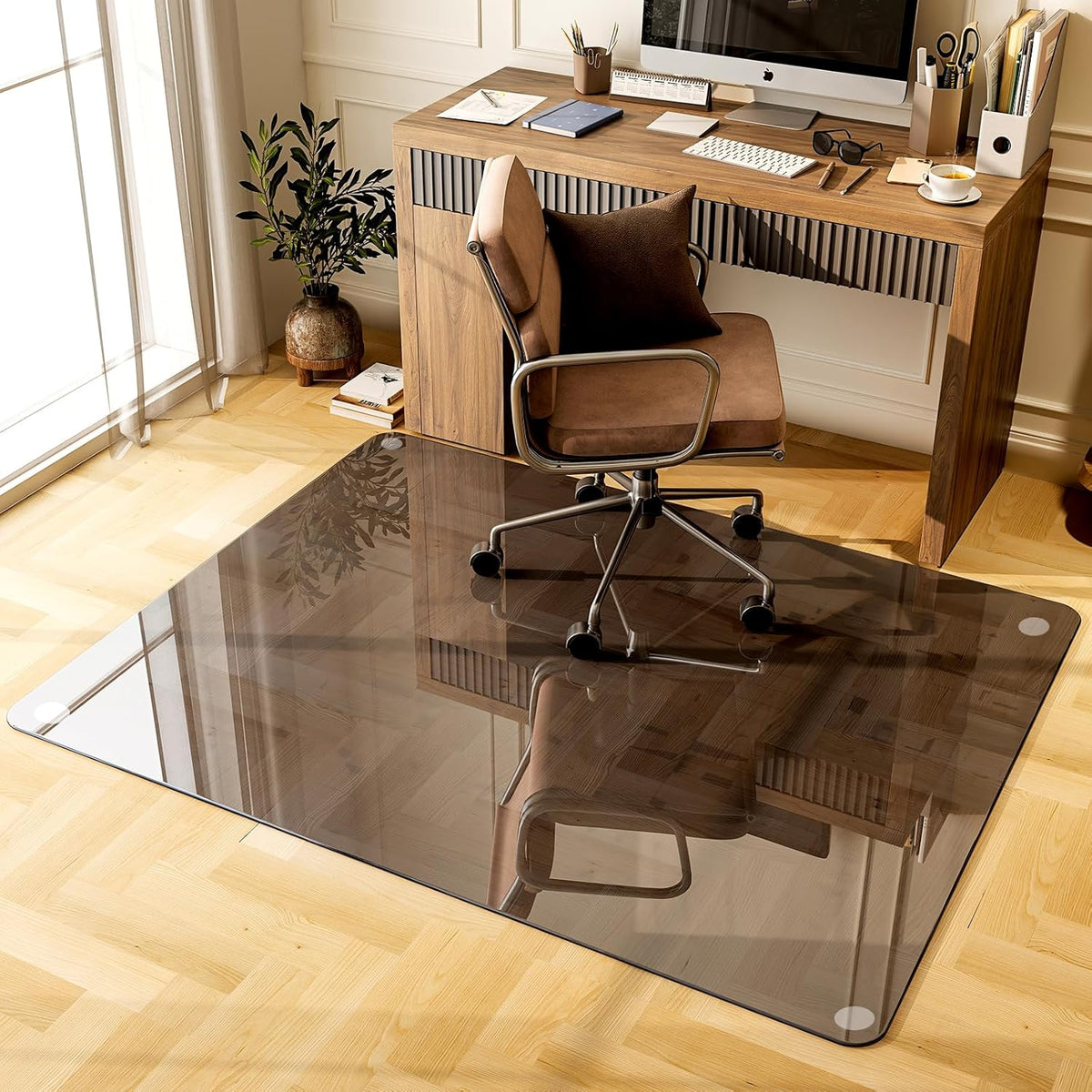 GLSLAND Office Chair Mat, 36" x 46" Grey Tempered Glass Floor Mat for Office Chair on Carpet, 1/6"