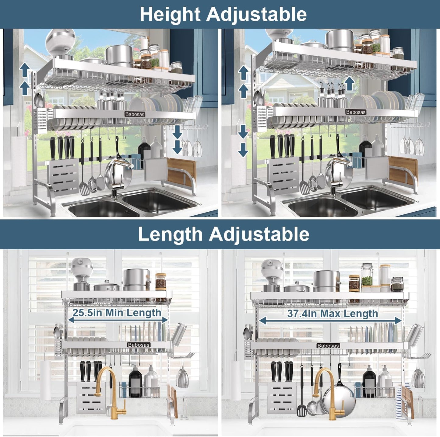 Over The Sink Dish Drying Rack,3 Tier Adjustable Length (25.5'' to 37.4'') Full Stainless Steel