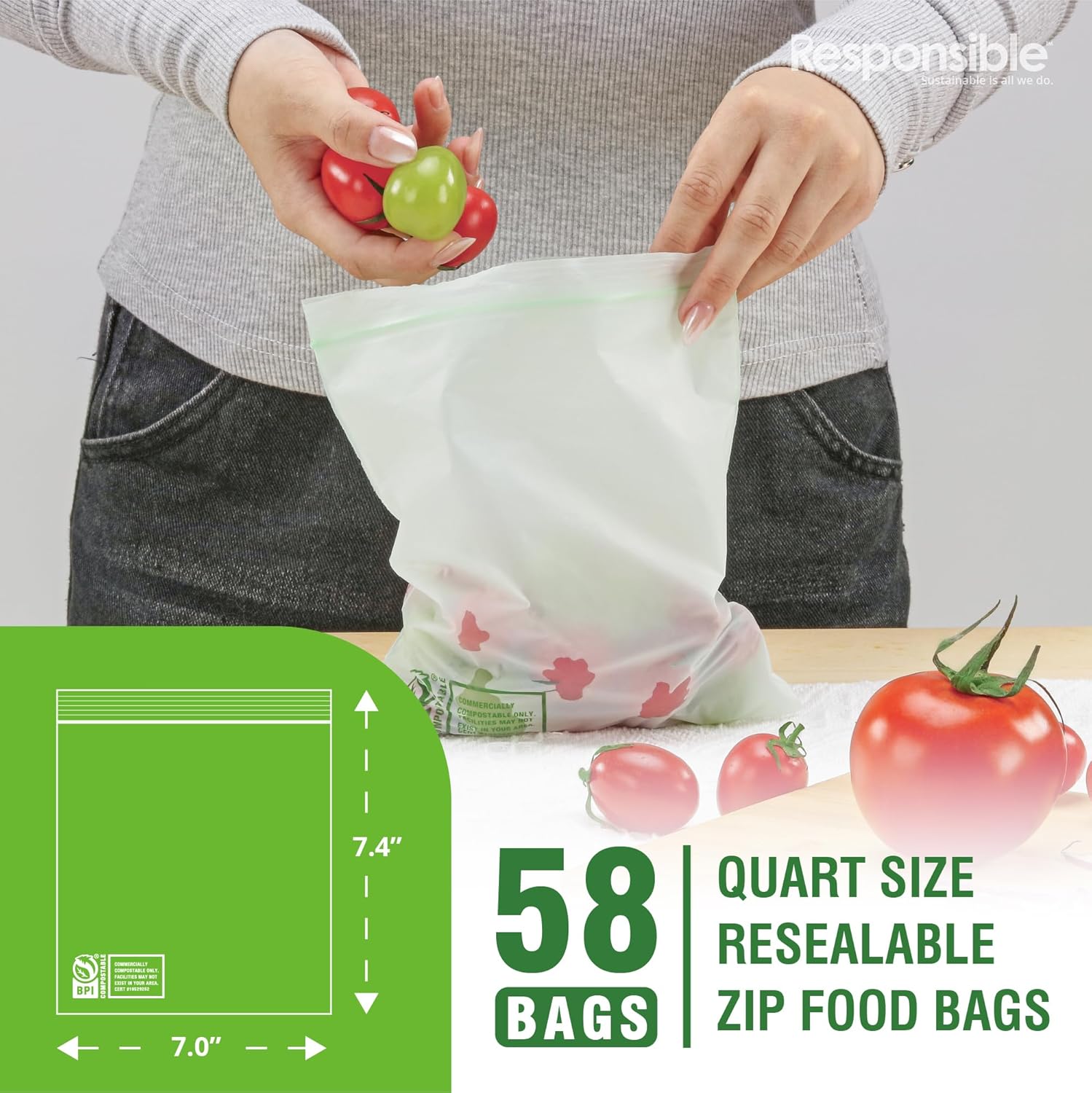 Responsible Products Certified Compostable QUART Resealable Zip Bag, Extra Strength Food Bags