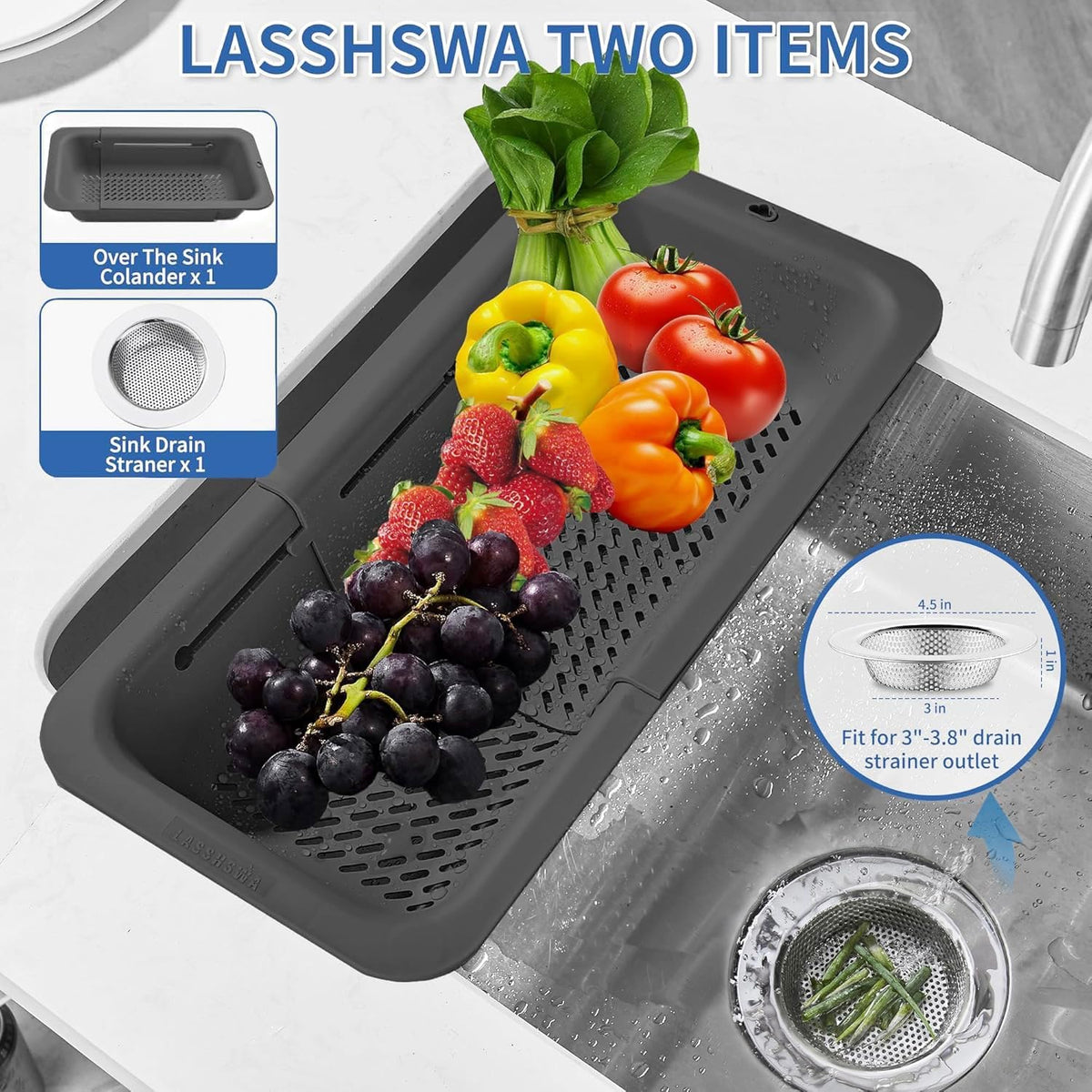 LASSHSWA Collapsible Colander and Strainer for Kitchen, Over the Sink Strainer Basket for Kitchen
