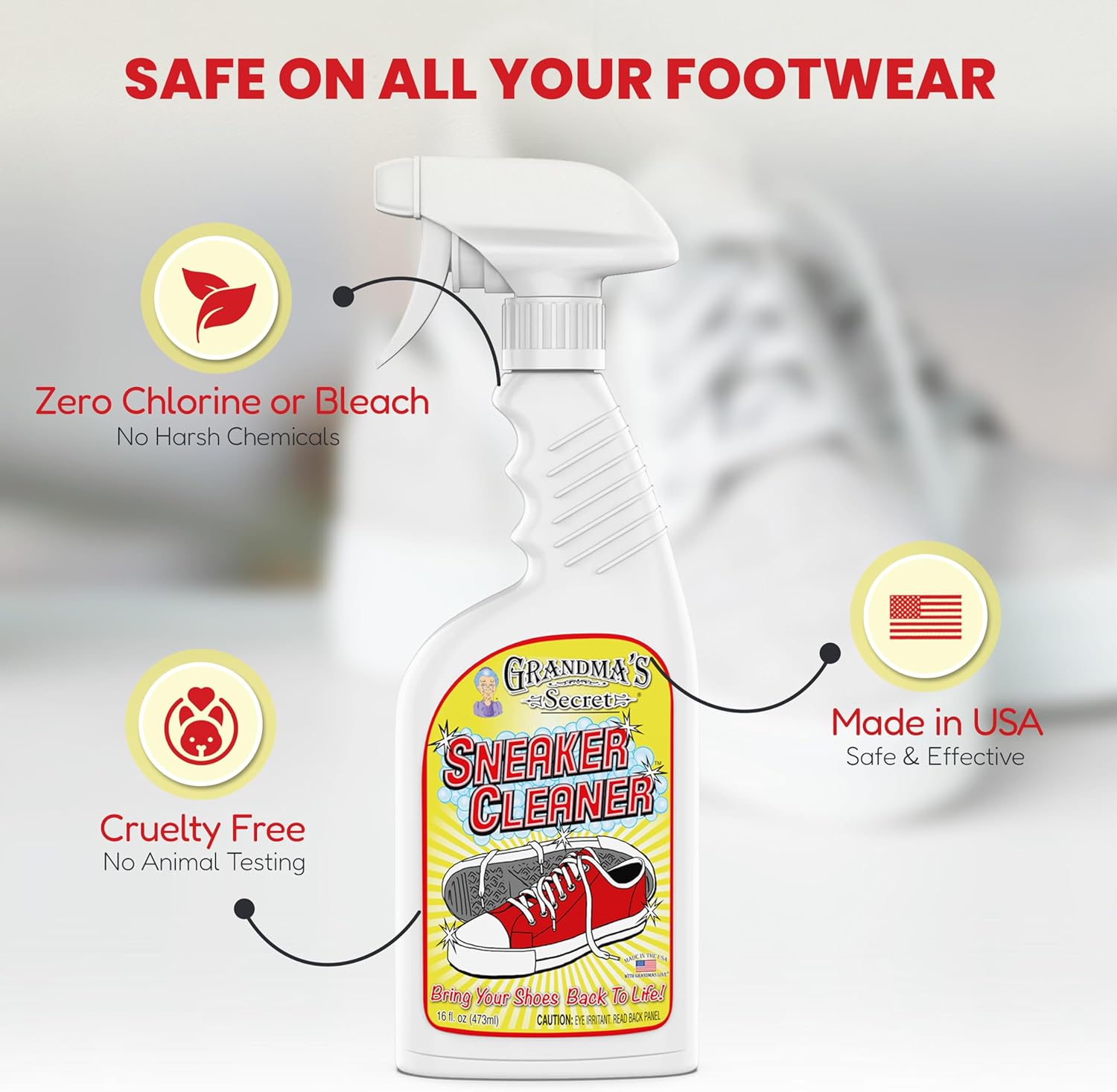 Grandma's Secret Sneaker Cleaner for Rubber, Canvas, Leather - Stain Remover Spray Removes Dirt