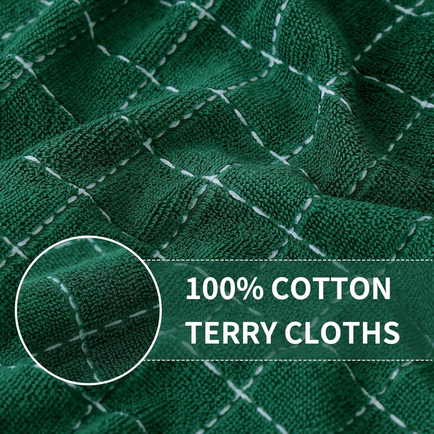 Homaxy 100% Cotton Terry Kitchen Towels(Dark Green, 13 x 28 inches), Checkered Designed, Soft and
