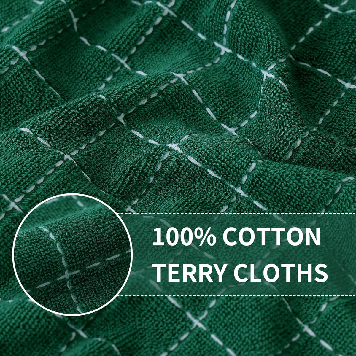 Homaxy 100% Cotton Terry Kitchen Towels(Dark Green, 13 x 28 inches), Checkered Designed, Soft and