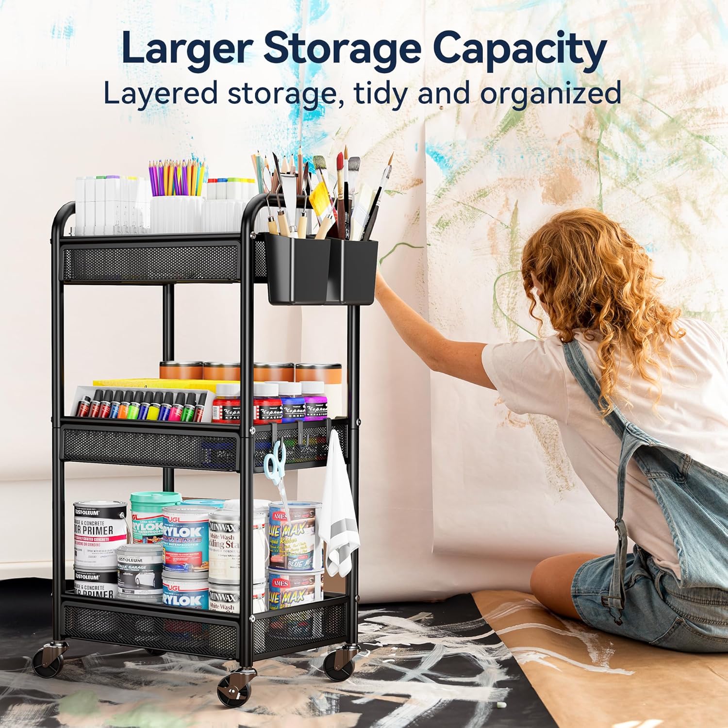 YASONIC 3 Tier Rolling Cart – Metal Utility Storage Cart with Wheels, Craft Cart Organizer with