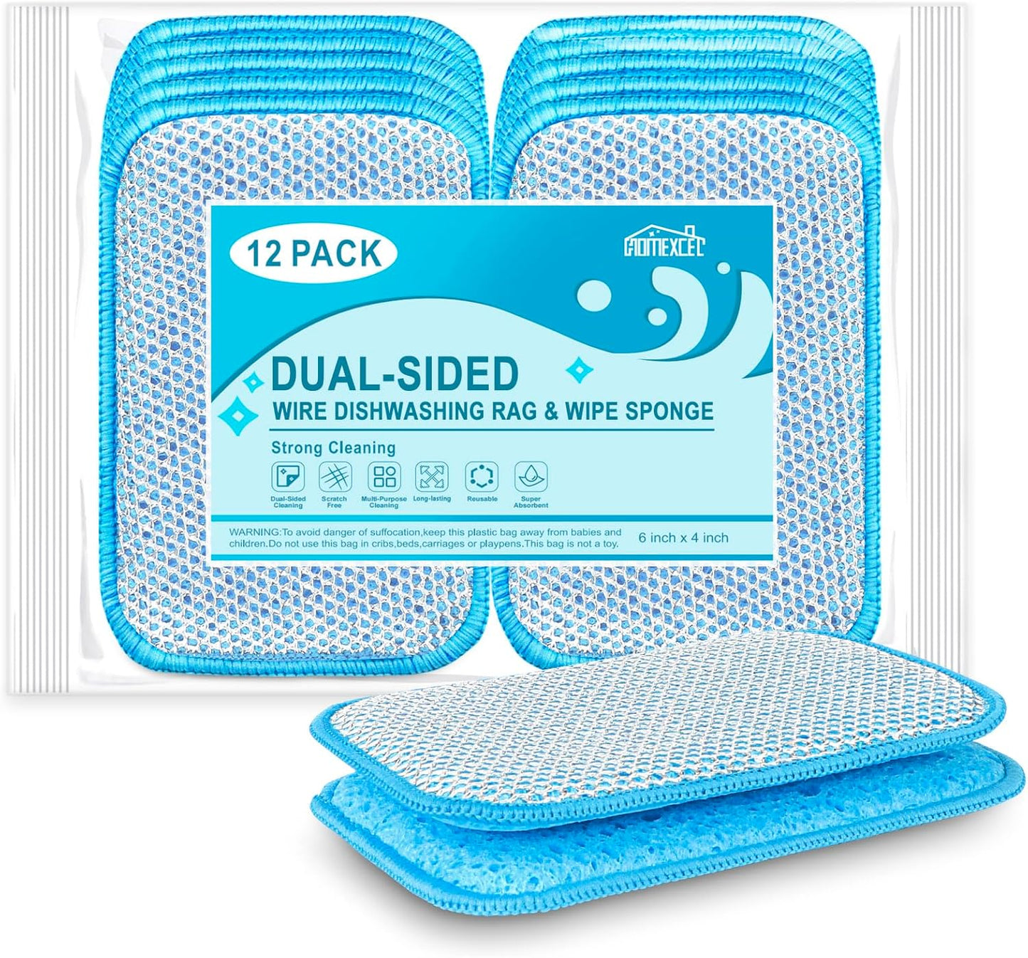 HOMEXCEL 12 Pack Scrub & Wipe Cloths, Scrub Sponges with Non-Scratch Wire Dishwashing Rag for