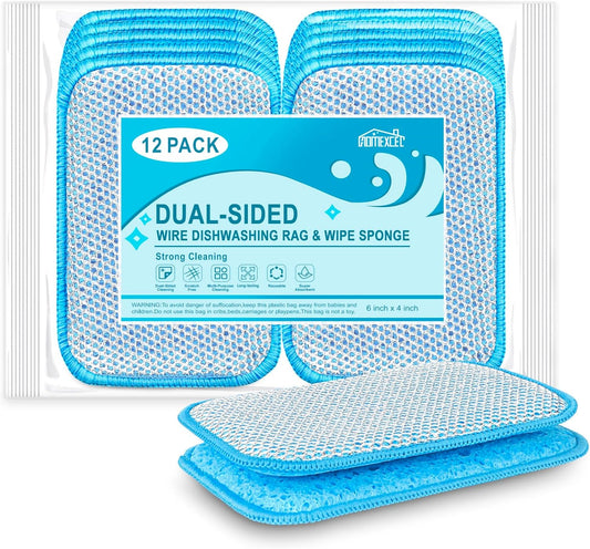 HOMEXCEL 12 Pack Scrub & Wipe Cloths, Scrub Sponges with Non-Scratch Wire Dishwashing Rag for