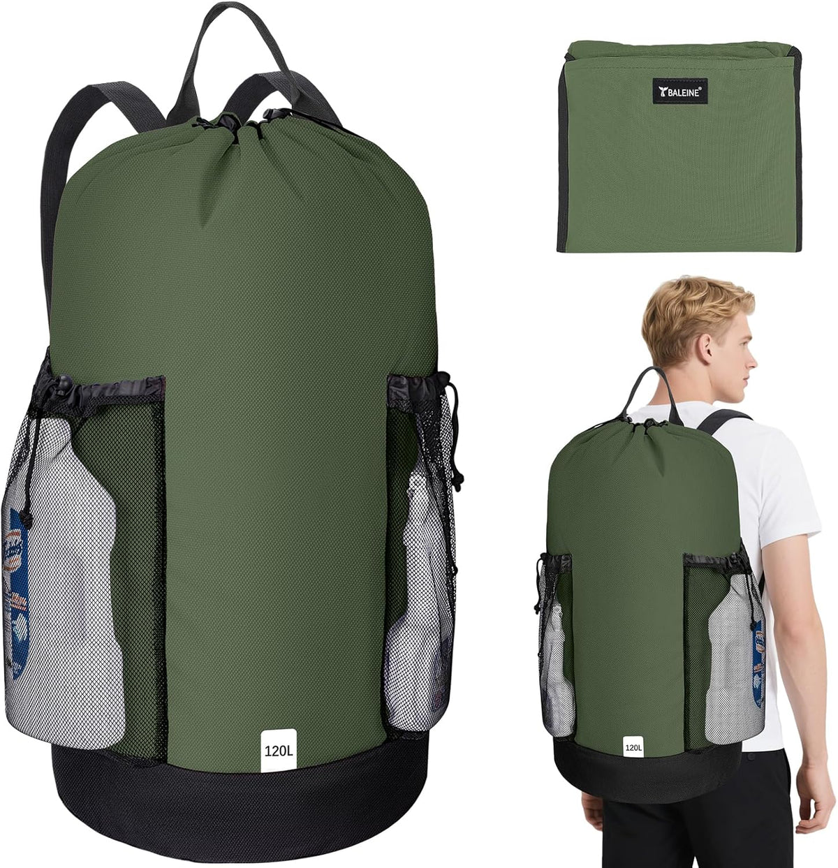 BALEINE 120L Laundry Bag Backpack, 900D Oxford Fabric Large Travel Laundry Bags with Shoulder