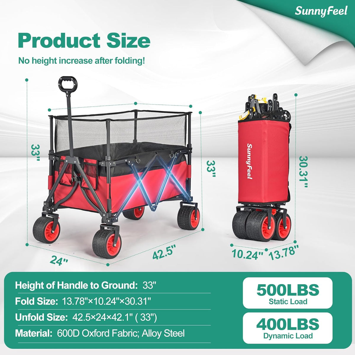 SUNNYFEEL Heavy Duty Collapsible Outdoor Utility Wagon Cart 500LB Capacity Adjustable