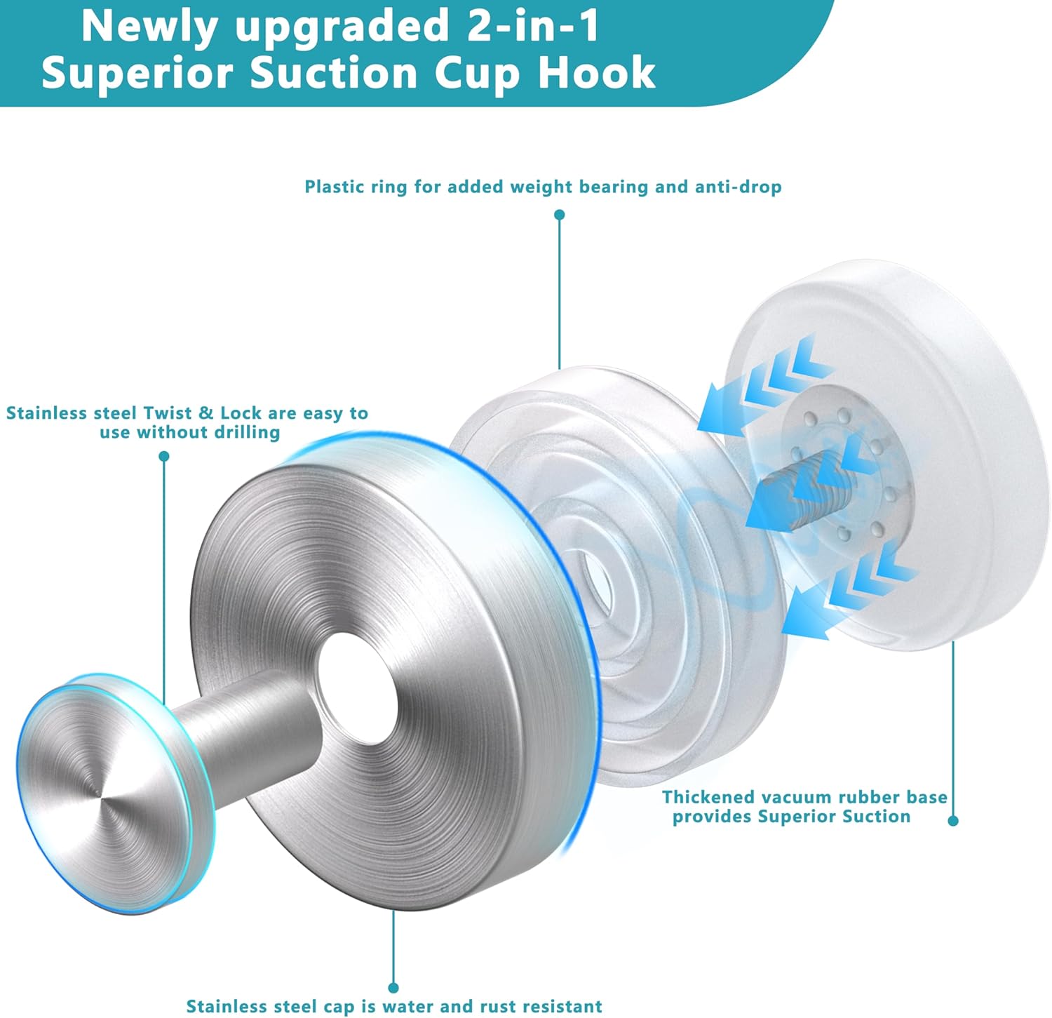 Suction Cup Hooks for Shower,Removable No Drill Towel Hooks,Upgraded 15 lbs Strong Suction hooks