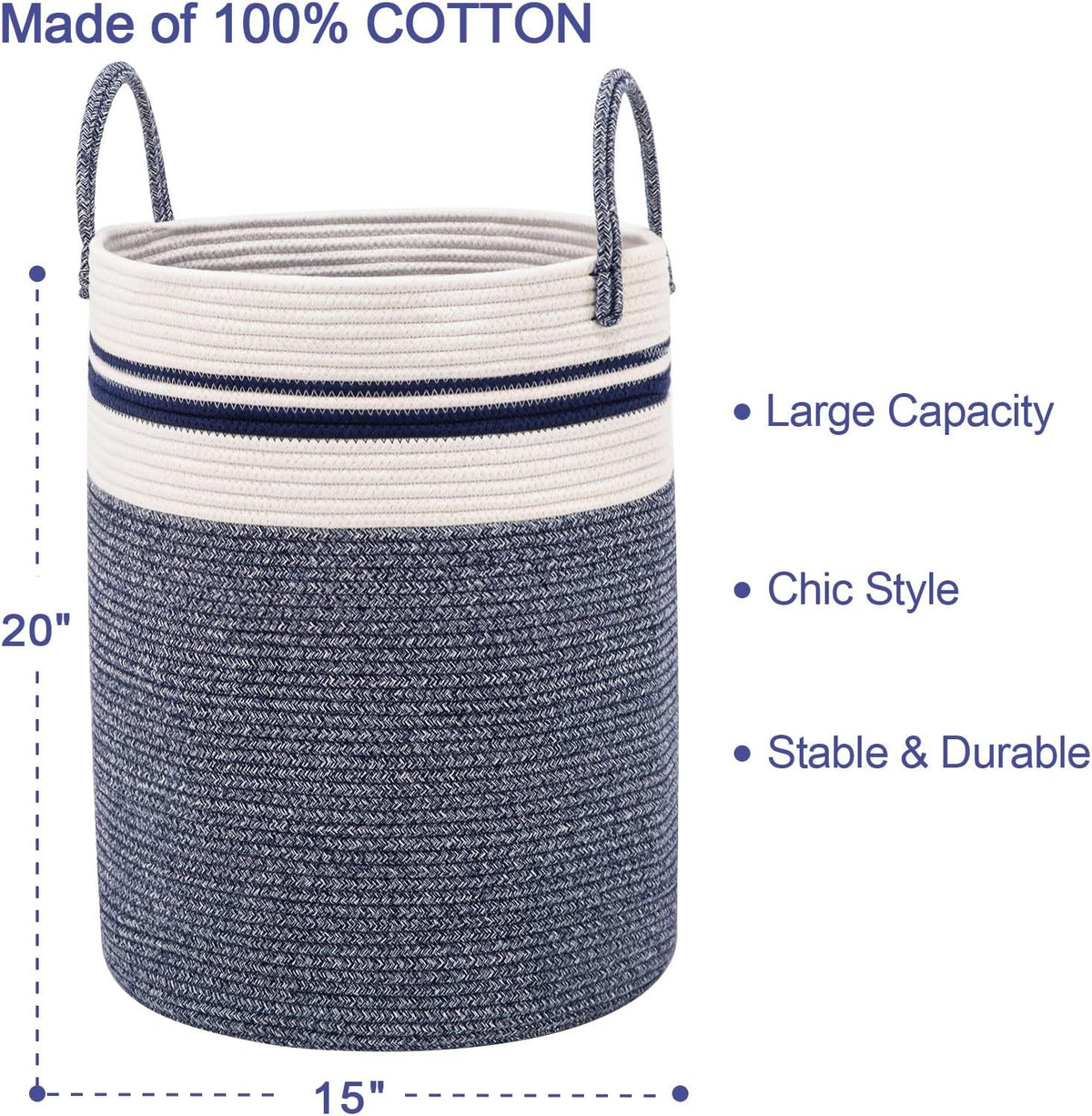Woven Rope Laundry Hamper Basket by YOUDENOVA, 58L Tall Luandry Basket, Baby Nursery Hamper for